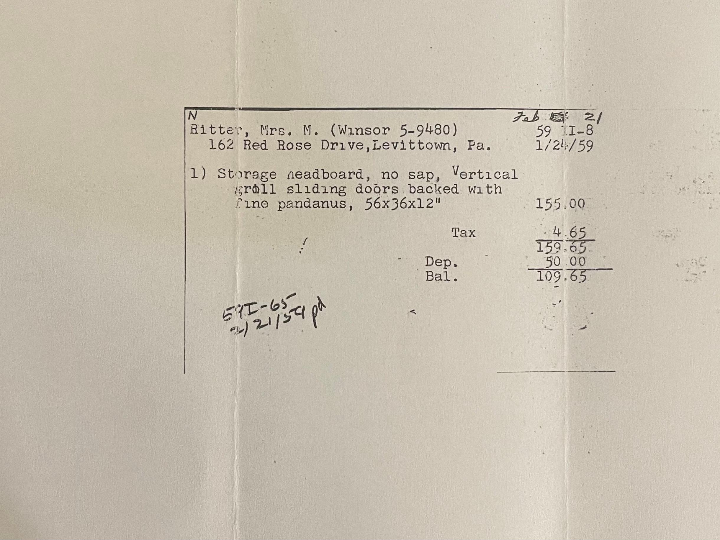 Auffälliges handgefertigtes Aufbewahrungs-Kopfteil von George Nakashima mit Papierarbeiten, 1959 im Angebot 9