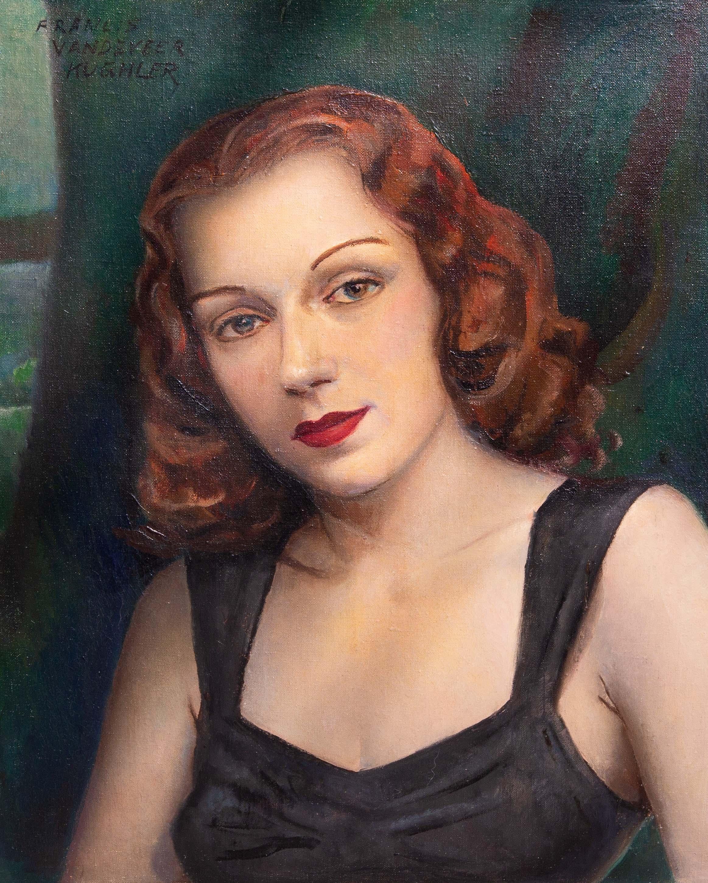 Hollywood regency portrait painting of a young woman by Francis Kughler (American 1901-1970). Oil on canvas board. Circa 1932. Unframed.
Born in New York City in 1901, Francis Vandeveer Kughler attended Cooper Union, the Mechanics' Institute, and