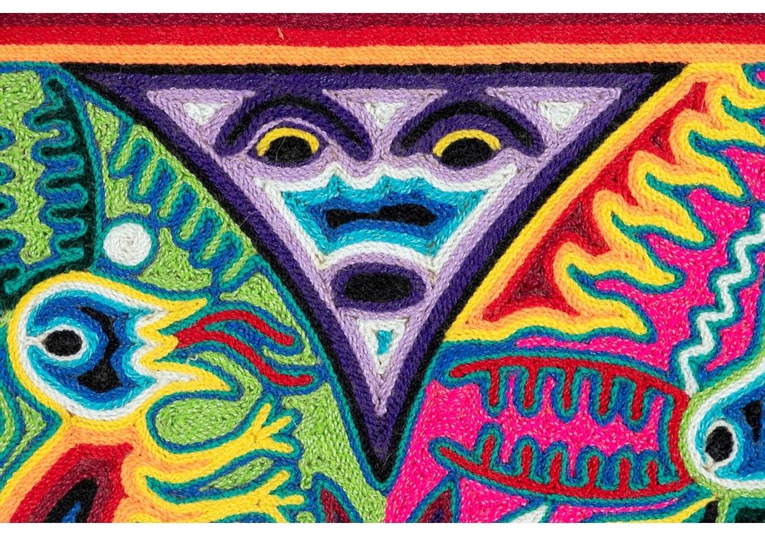 Folk Art Striking Huichol Yarn Painting Signed By Artist Gabriel Bautista For Sale