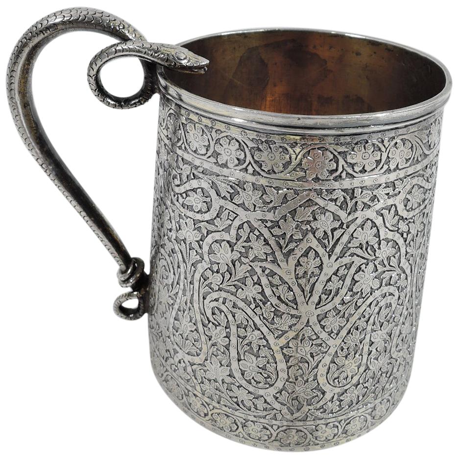 Striking Indian Colonial Raj-Era Silver Mug with Snake Handle