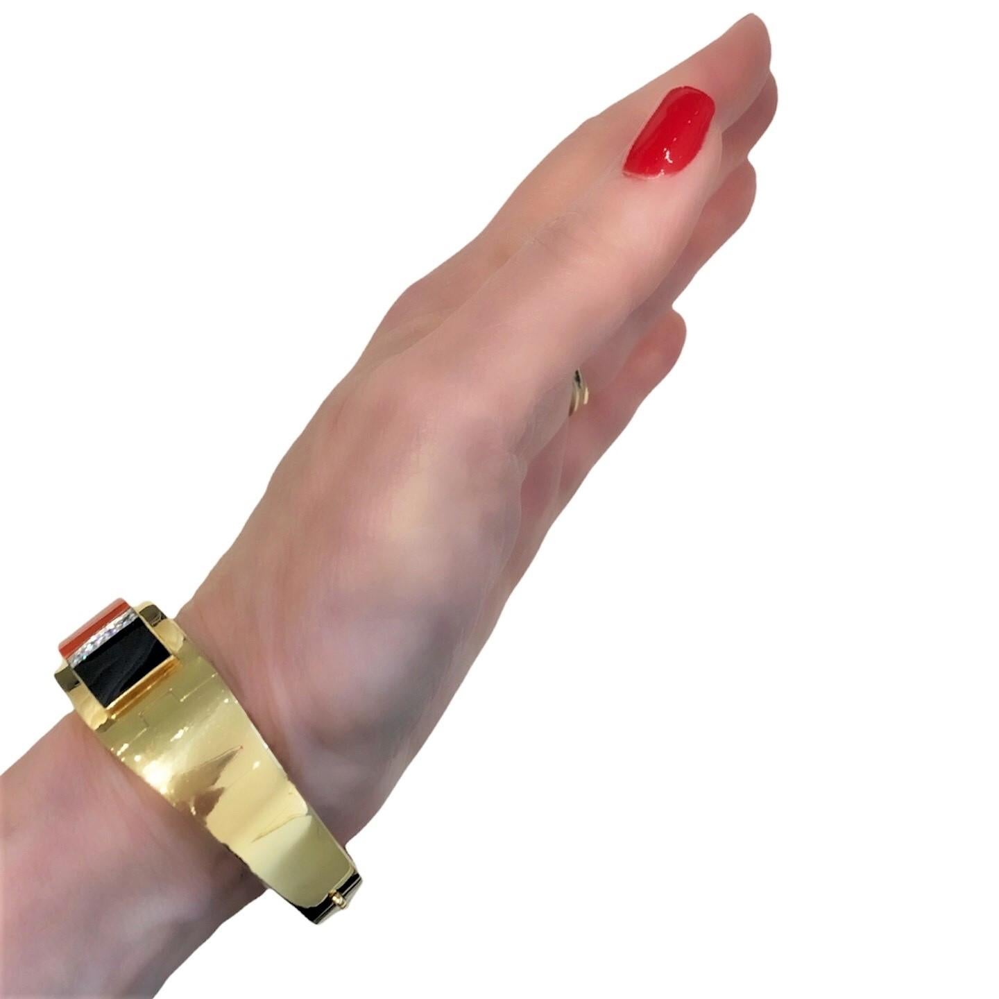 Striking Italian 18K Yellow Gold, Diamond, Onyx and Vivid Coral Bangle Bracelet For Sale 8