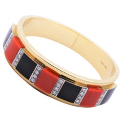 Striking Italian 18K Yellow Gold, Diamond, Onyx and Vivid Coral Bangle Bracelet