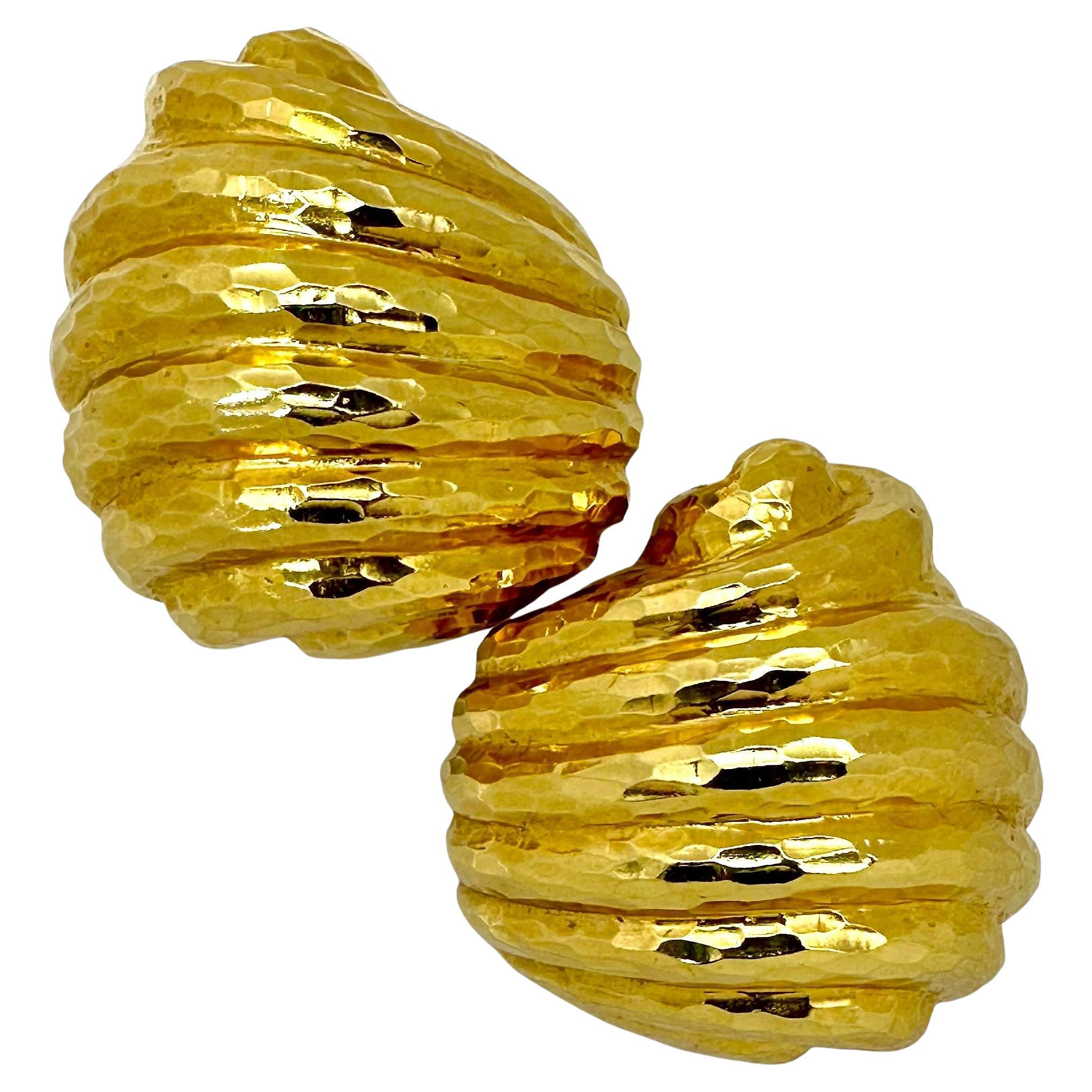 Striking Italian 18K Yellow Gold Hammered Finish Scroll Motif Earrings
