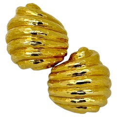 Striking Italian 18K Yellow Gold Hammered Finish Scroll Motif Earrings
