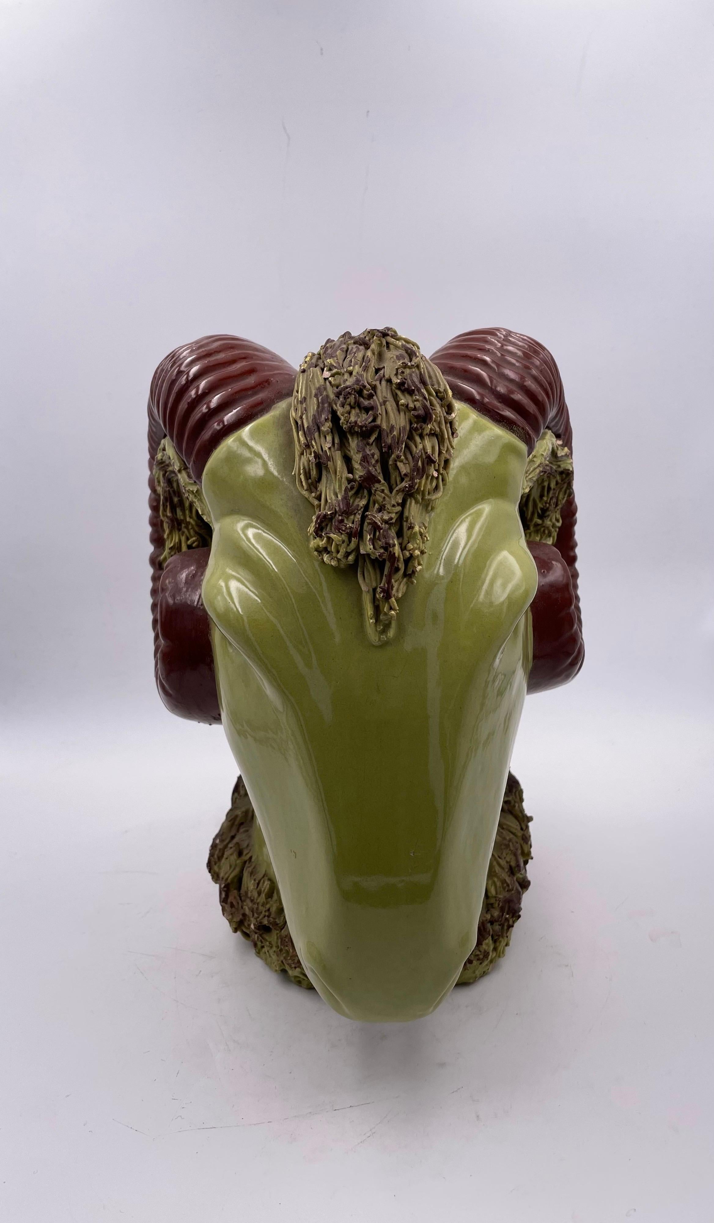 Hollywood Regency Striking Italian Ceramic Rams Head in Glossy Glaze