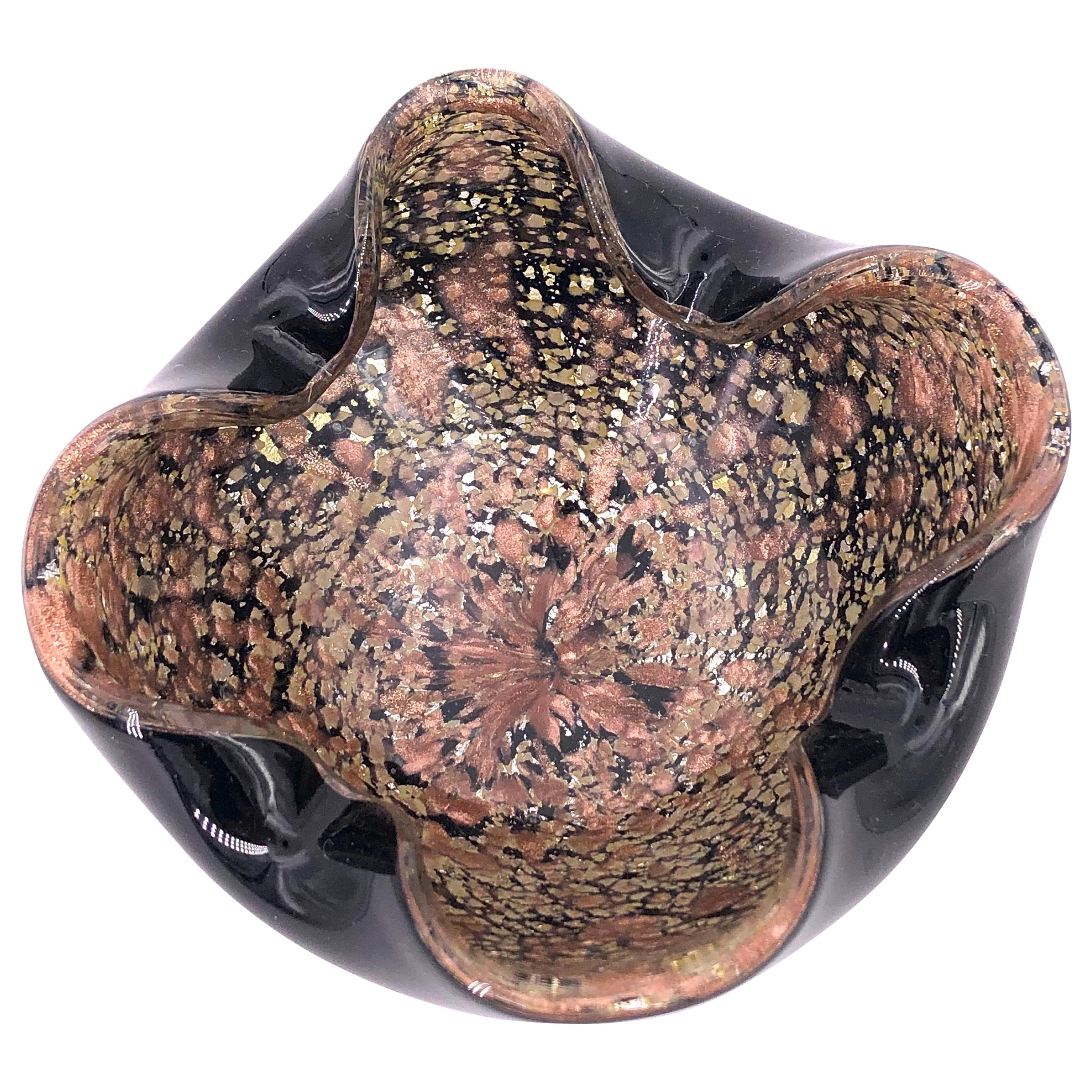 Striking Italian Murano Black and Pink Gold Mouth Blown Glass Centrepiece Bowl For Sale