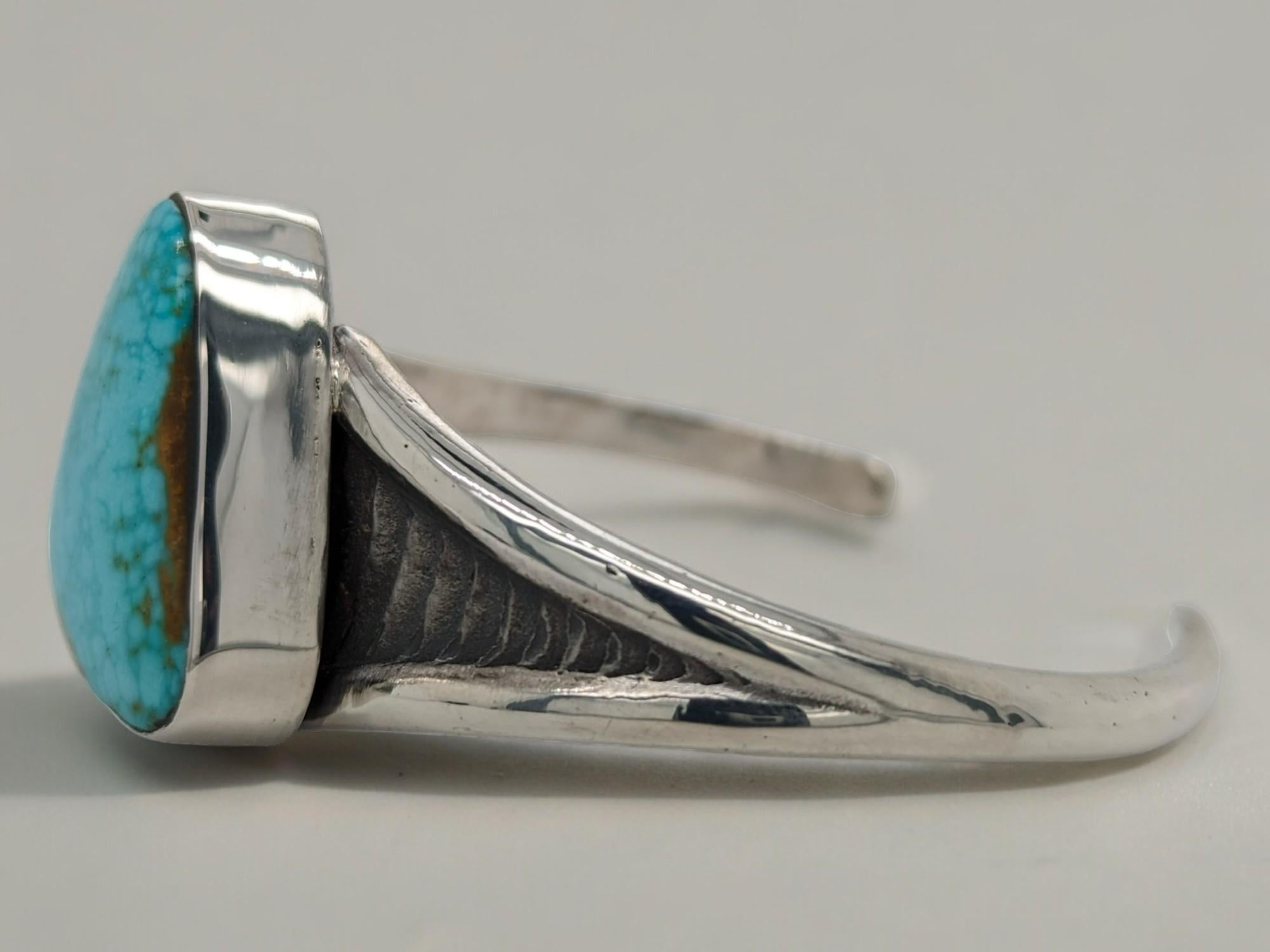 Striking Kingman Turquoise Cuff: Cuttle Bone Texture (Sterling Silver) For Sale 1