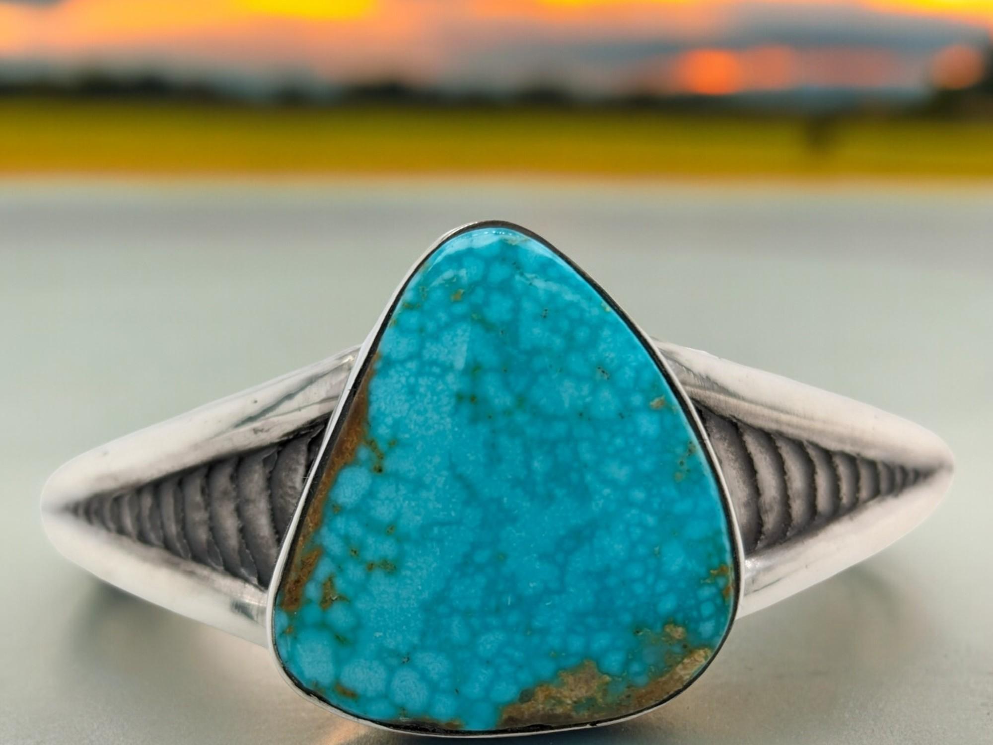 Striking Kingman Turquoise Cuff: Cuttle Bone Texture (Sterling Silver) For Sale 3