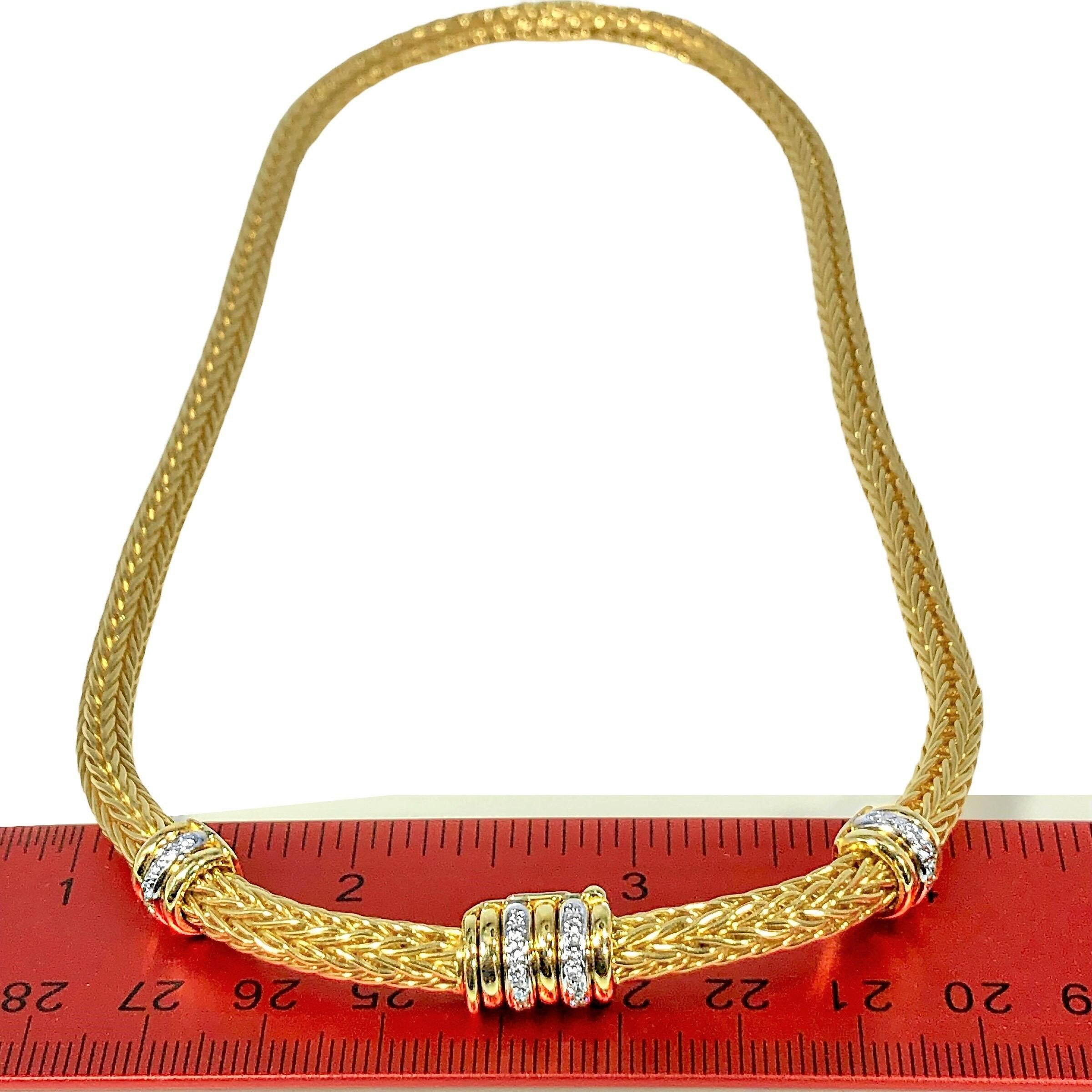 Modern Striking La Pepita Round Wheat Link 18k Yellow Gold and Diamond Choker Necklace For Sale