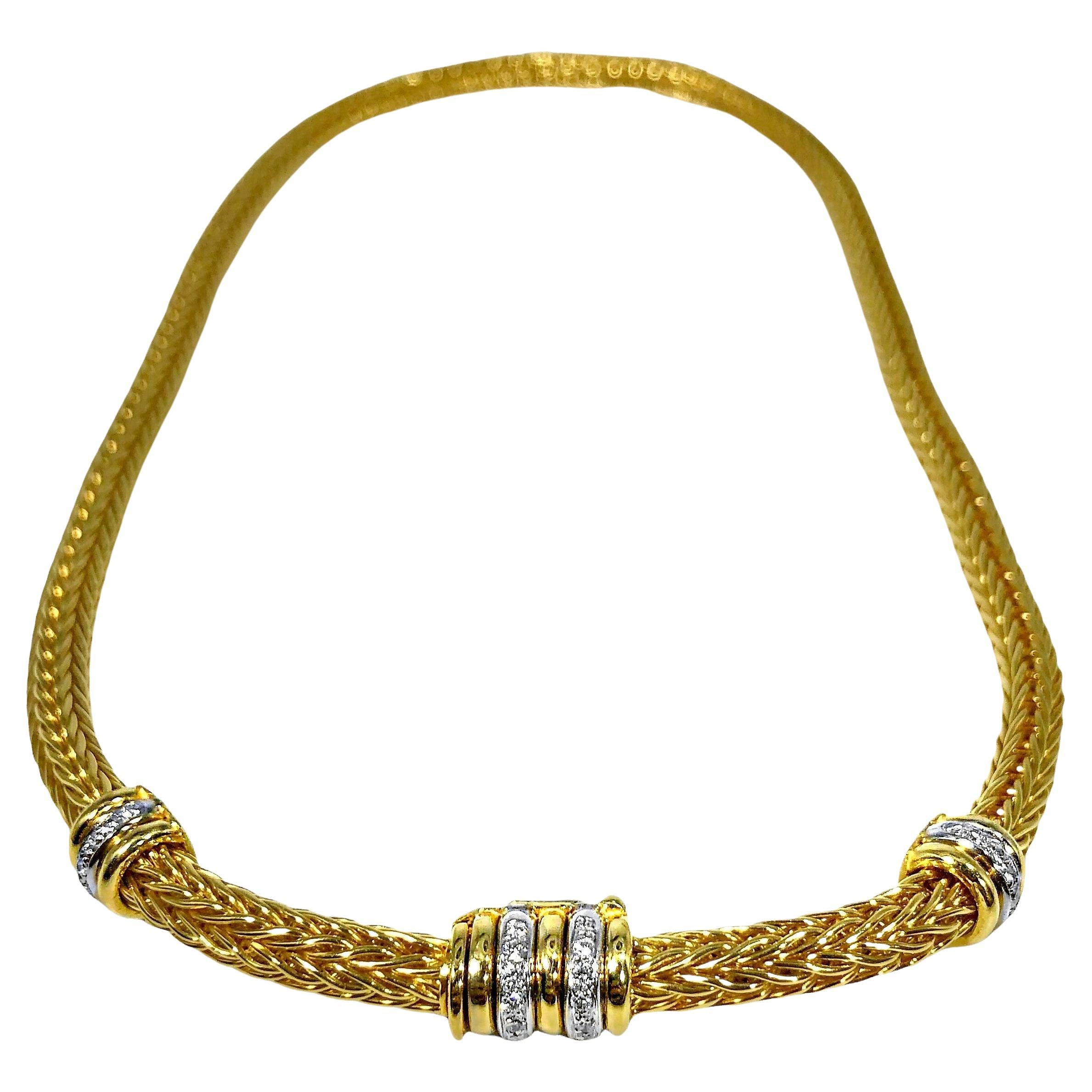Striking La Pepita Round Wheat Link 18k Yellow Gold and Diamond Choker Necklace For Sale