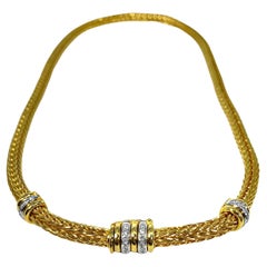 Vintage Striking La Pepita Round Wheat Link 18k Yellow Gold and Diamond Choker Necklace