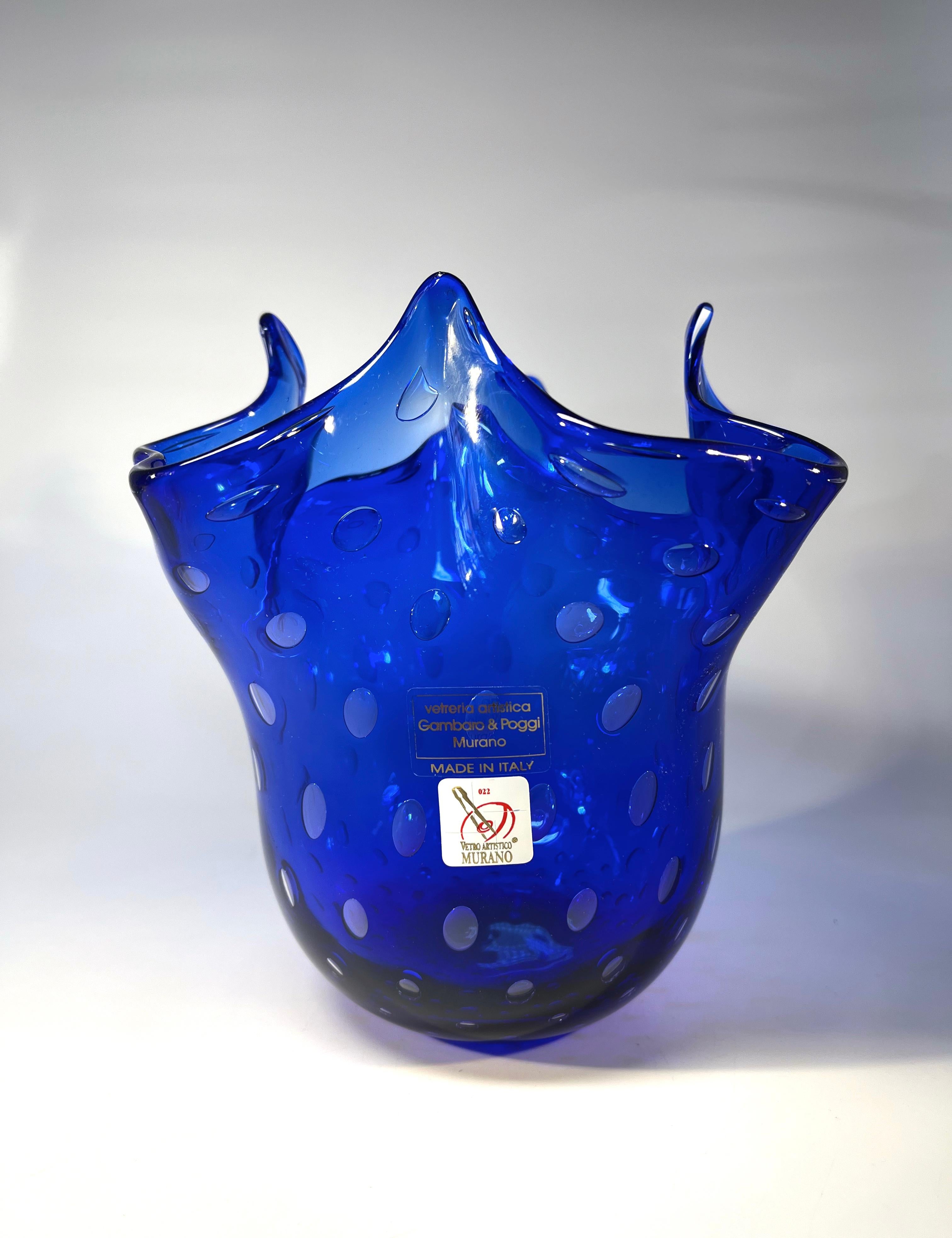 Mid-Century Modern Striking Lapis Lazuli Blue, Gambaro & Poggi Murano Glass Handkerchief Vase  For Sale