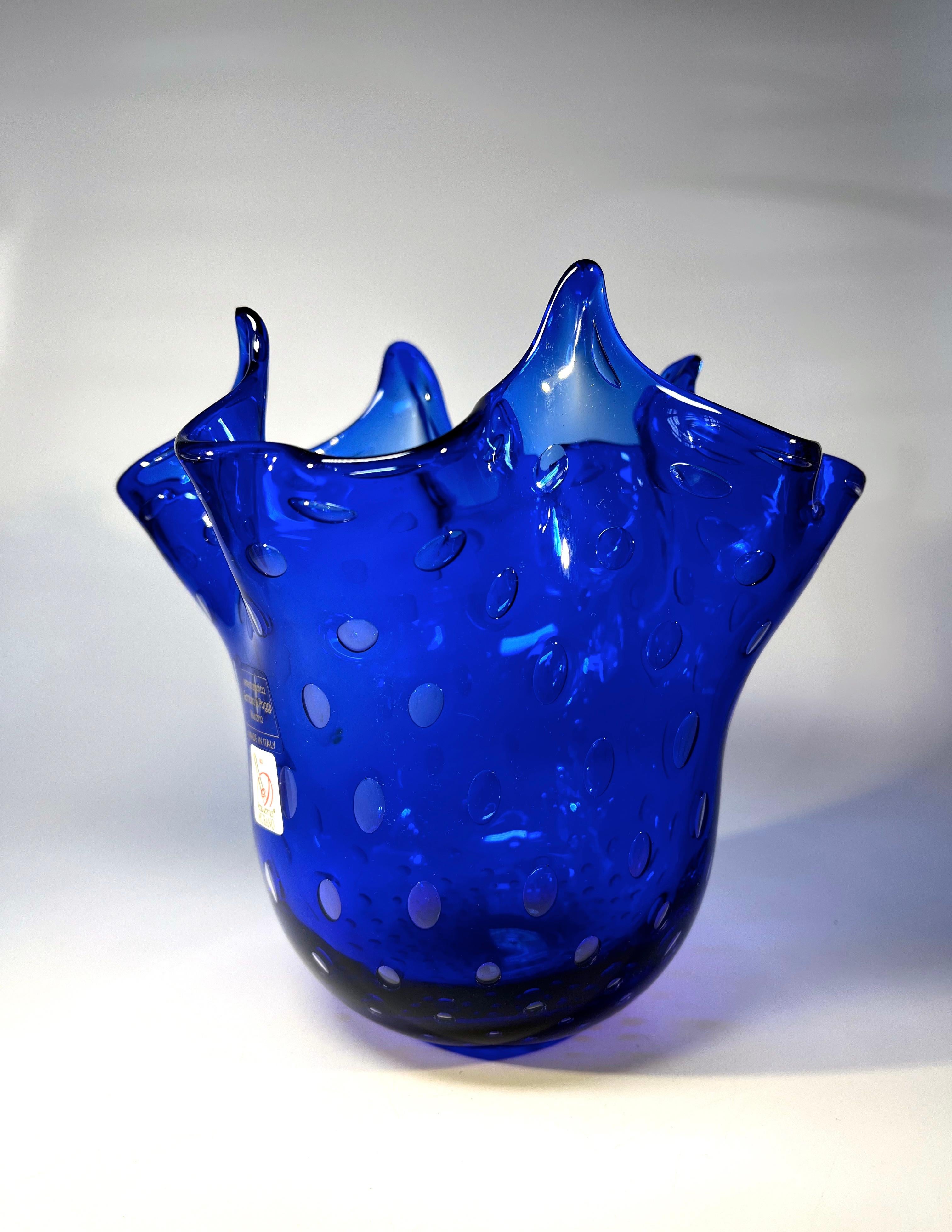 Italian Striking Lapis Lazuli Blue, Gambaro & Poggi Murano Glass Handkerchief Vase  For Sale