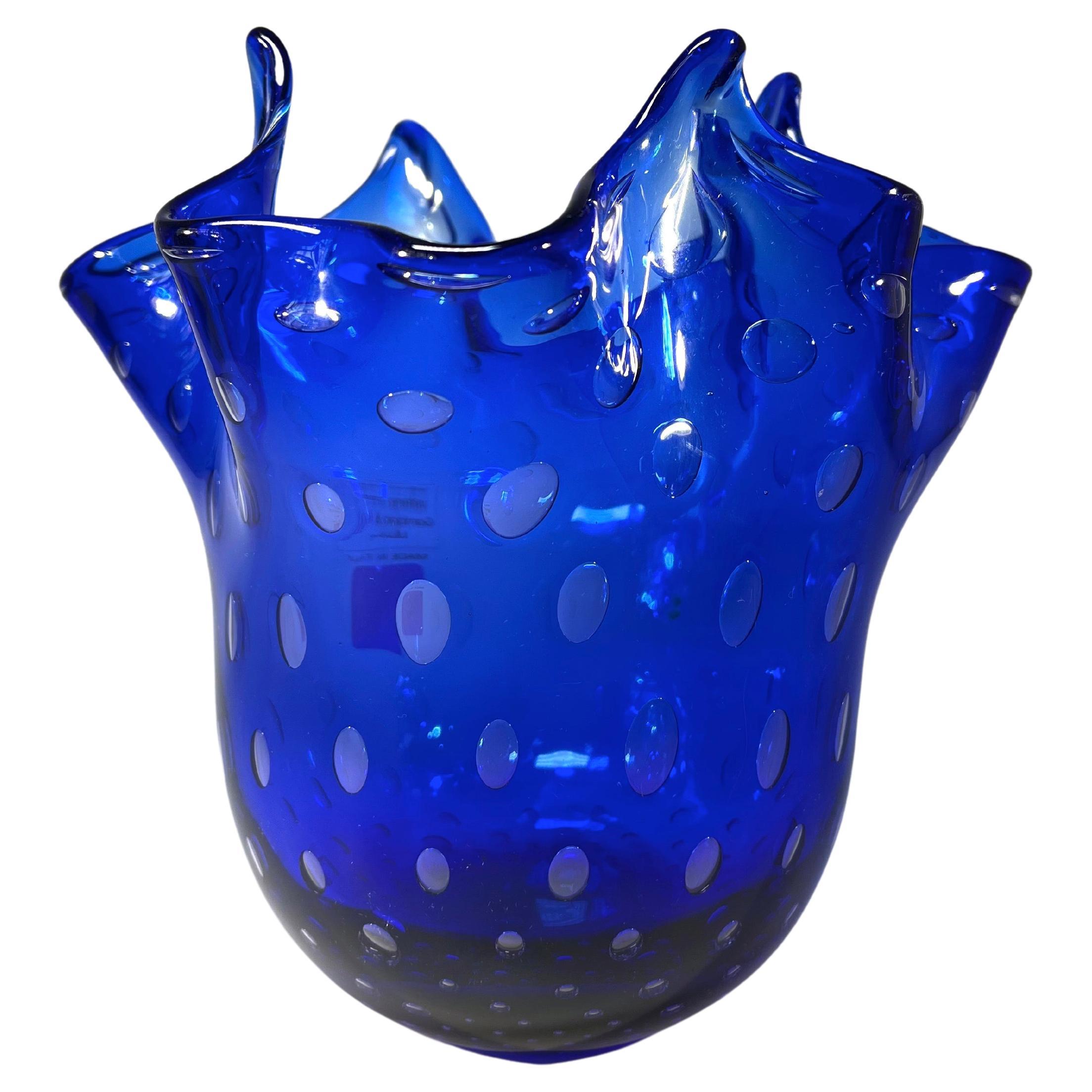 Striking Lapis Lazuli Blue, Gambaro & Poggi Murano Glass Handkerchief Vase  For Sale