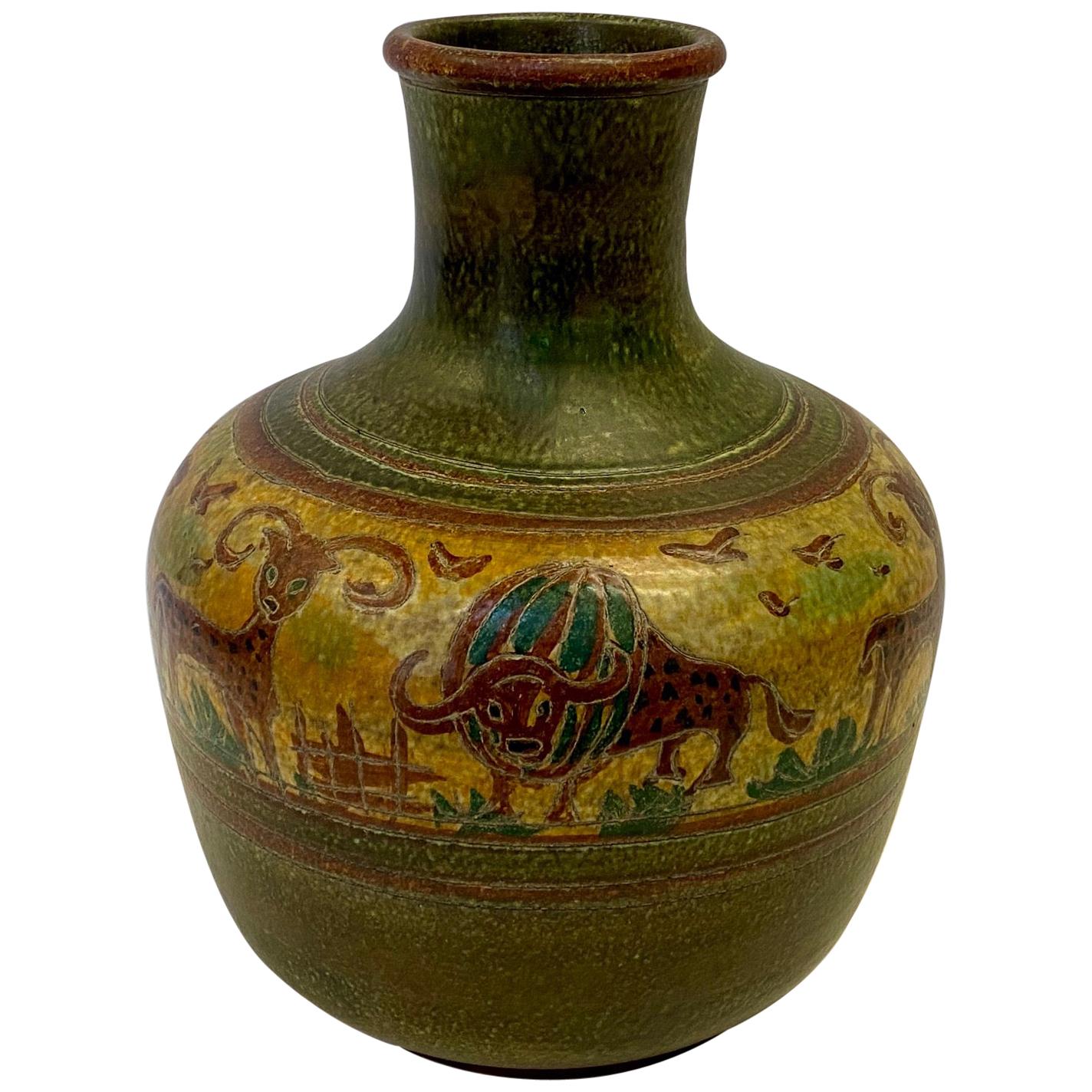Striking Large Beautifully Incised Italian Pottery Vase For Sale
