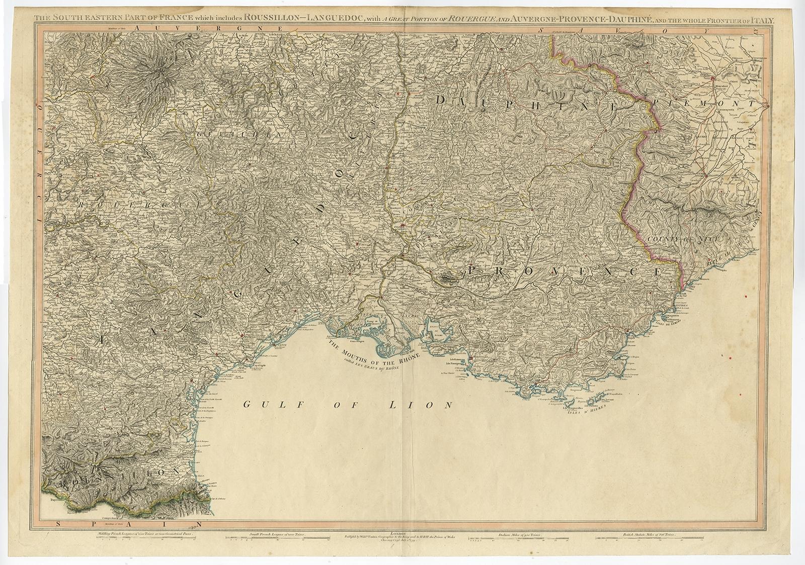 Antique map titled 'The South Eastern Part of France which includes Roussillon-Languedoc, with a Great Portion of Rouergue and Auvergne-Provence-Dauphine, and the Whole Frontier of Italy'. 

Striking large format map of Southeastern France,