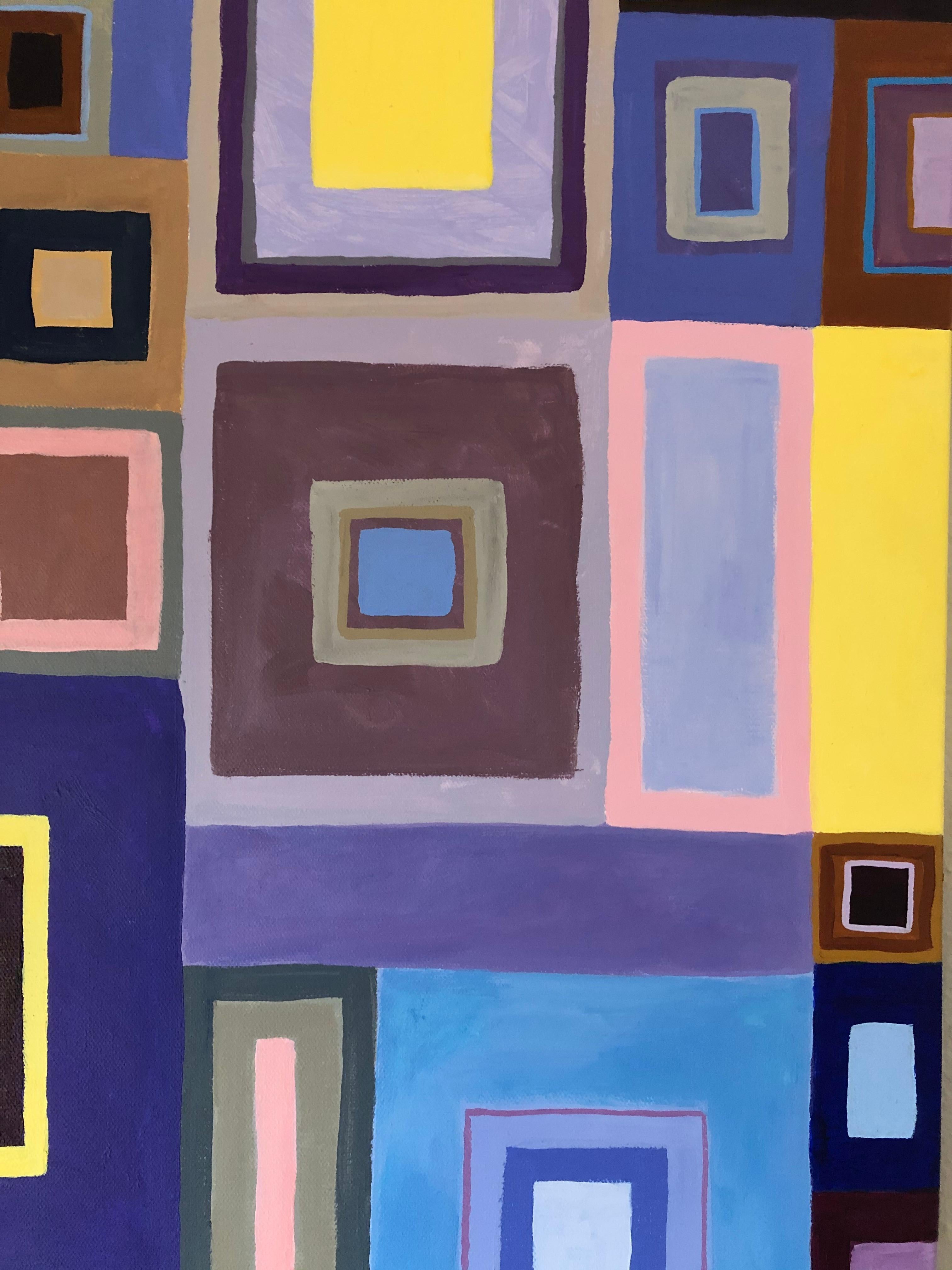 Striking large square abstract painting on canvas having marvelous lively geometric pattern in beautiful color palette including yellow, violet, brown, grey, purple blue and pink.