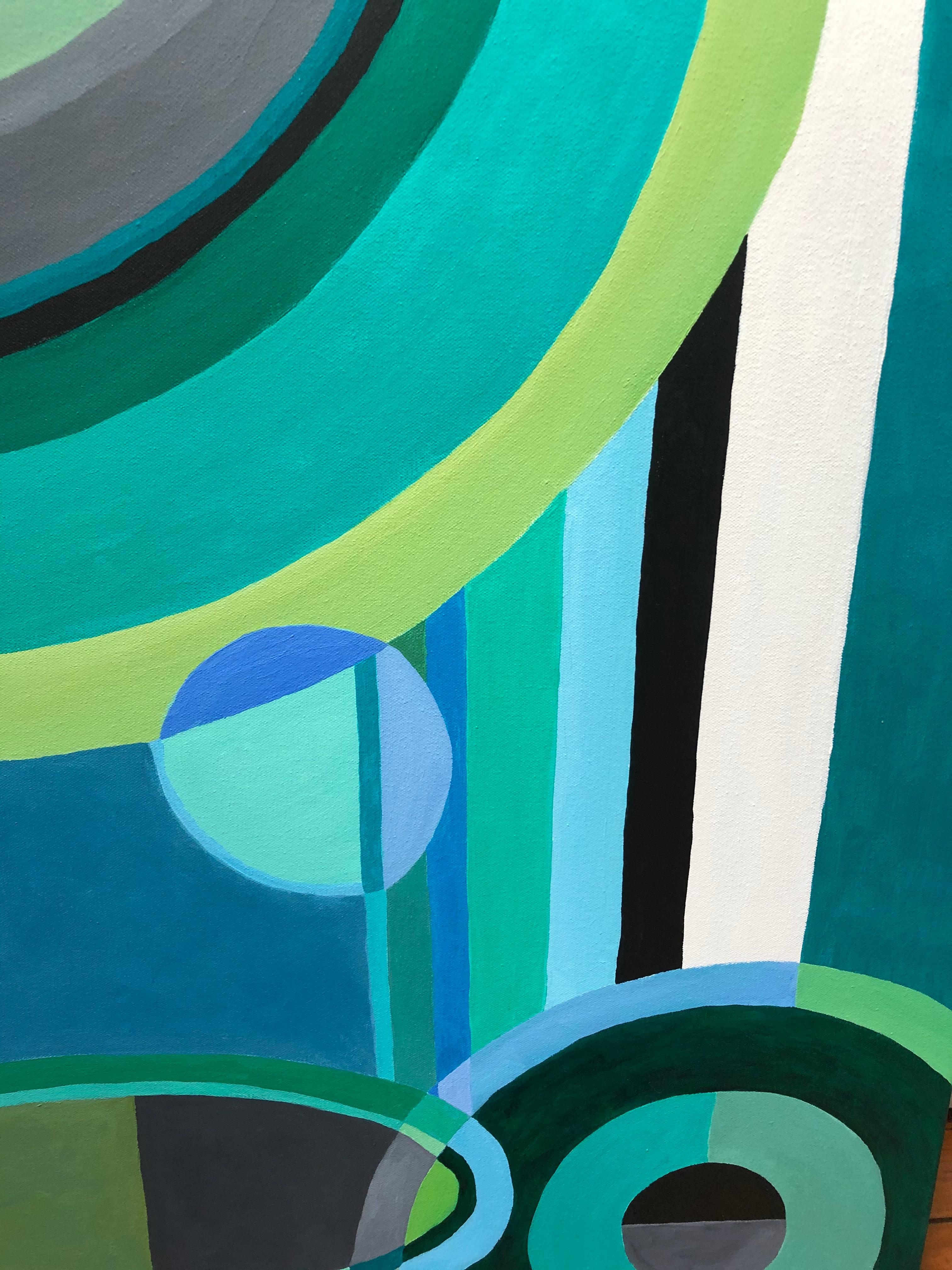 A striking abstract composition with gorgeous color palette of greens, blues, grey, black and white.
The unpredictable arrangement of circles, ovals, lines and overlapping shapes exudes a sense of power and calm simultaneously.