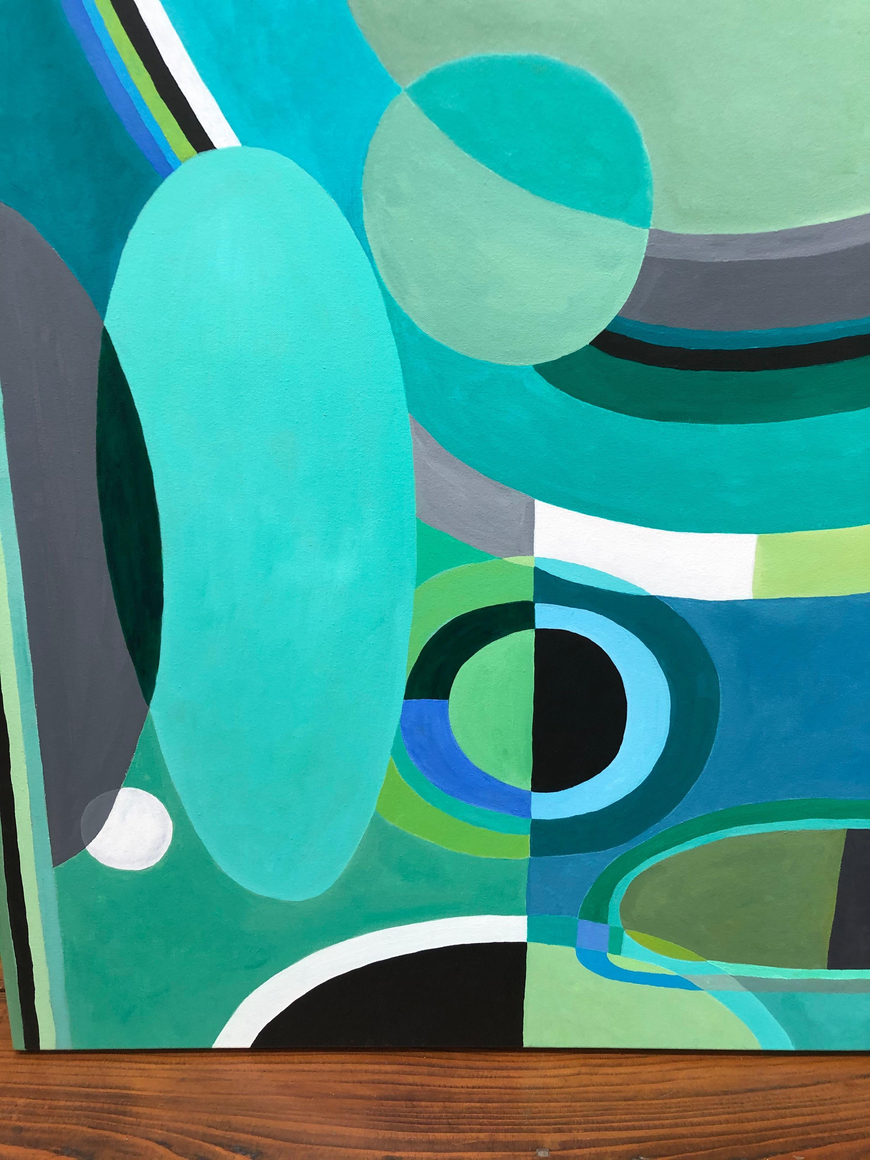 Modern Striking Large Rectangular Abstract Painting in Blues and Greens For Sale
