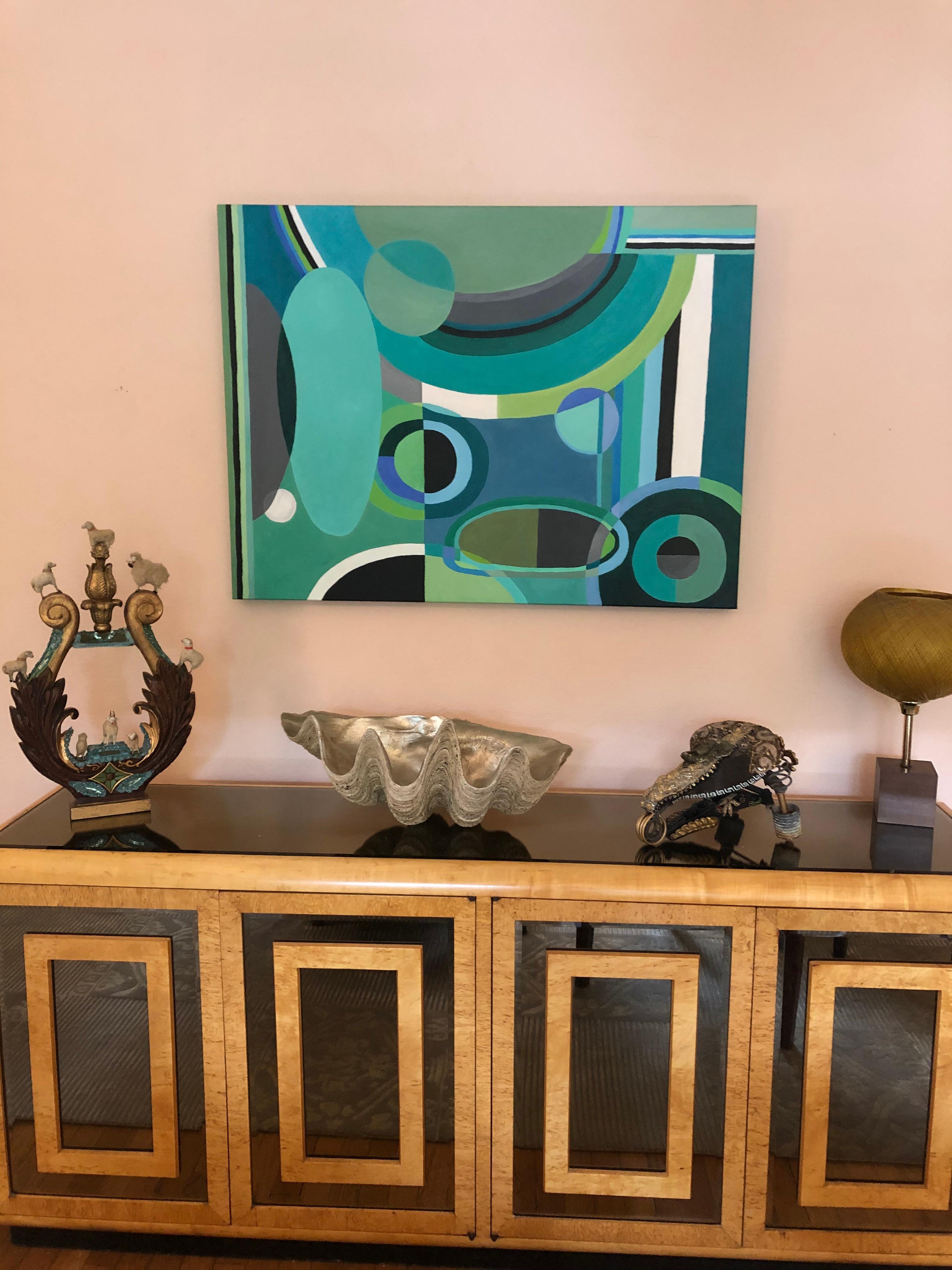 Striking Large Rectangular Abstract Painting in Blues and Greens In Excellent Condition For Sale In Hopewell, NJ