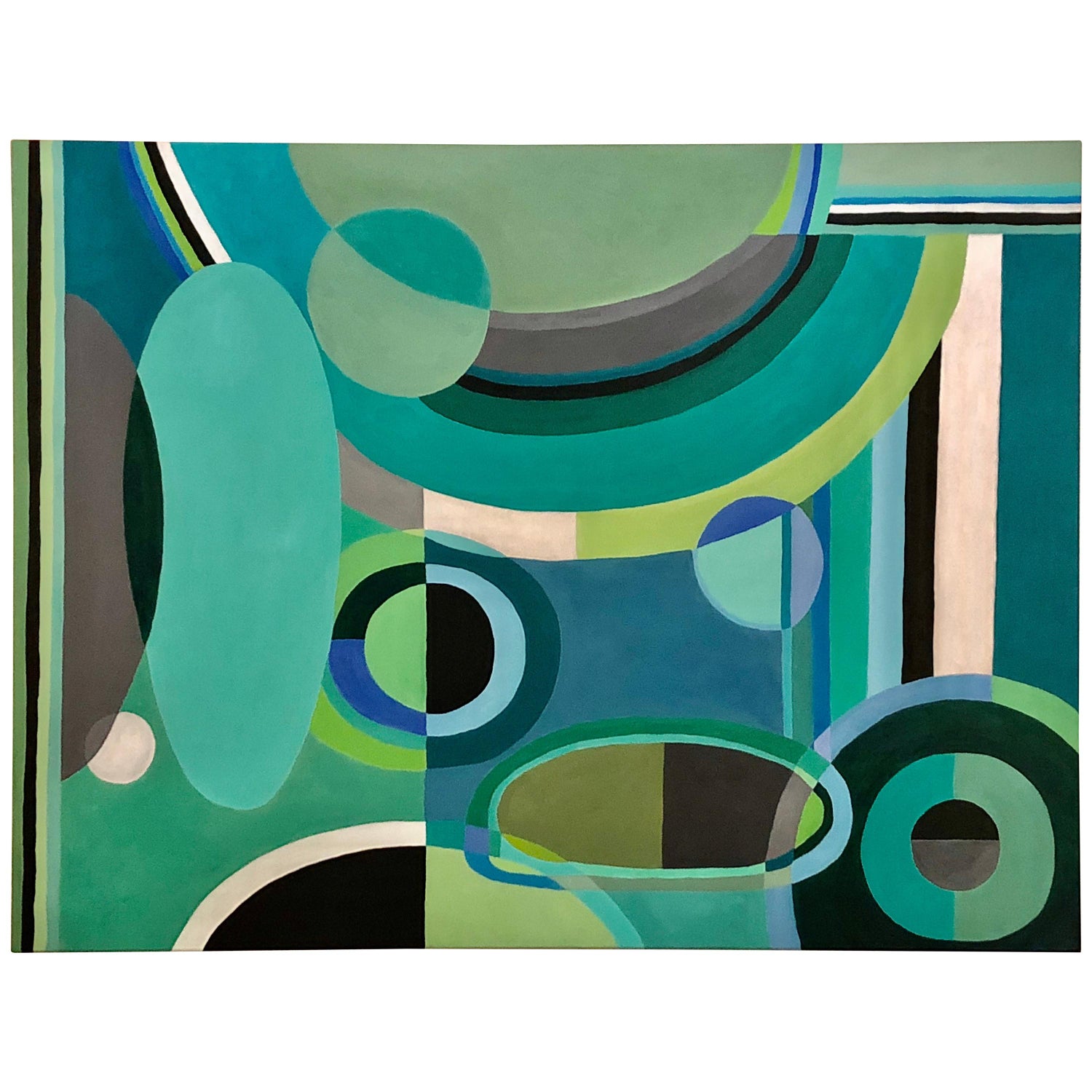 Contemporary Abstract Art with Walnut Frame - Blues, Greens, Reds, Yellows  For Sale at 1stDibs