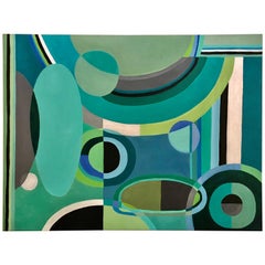 Vintage Striking Large Rectangular Abstract Painting in Blues and Greens