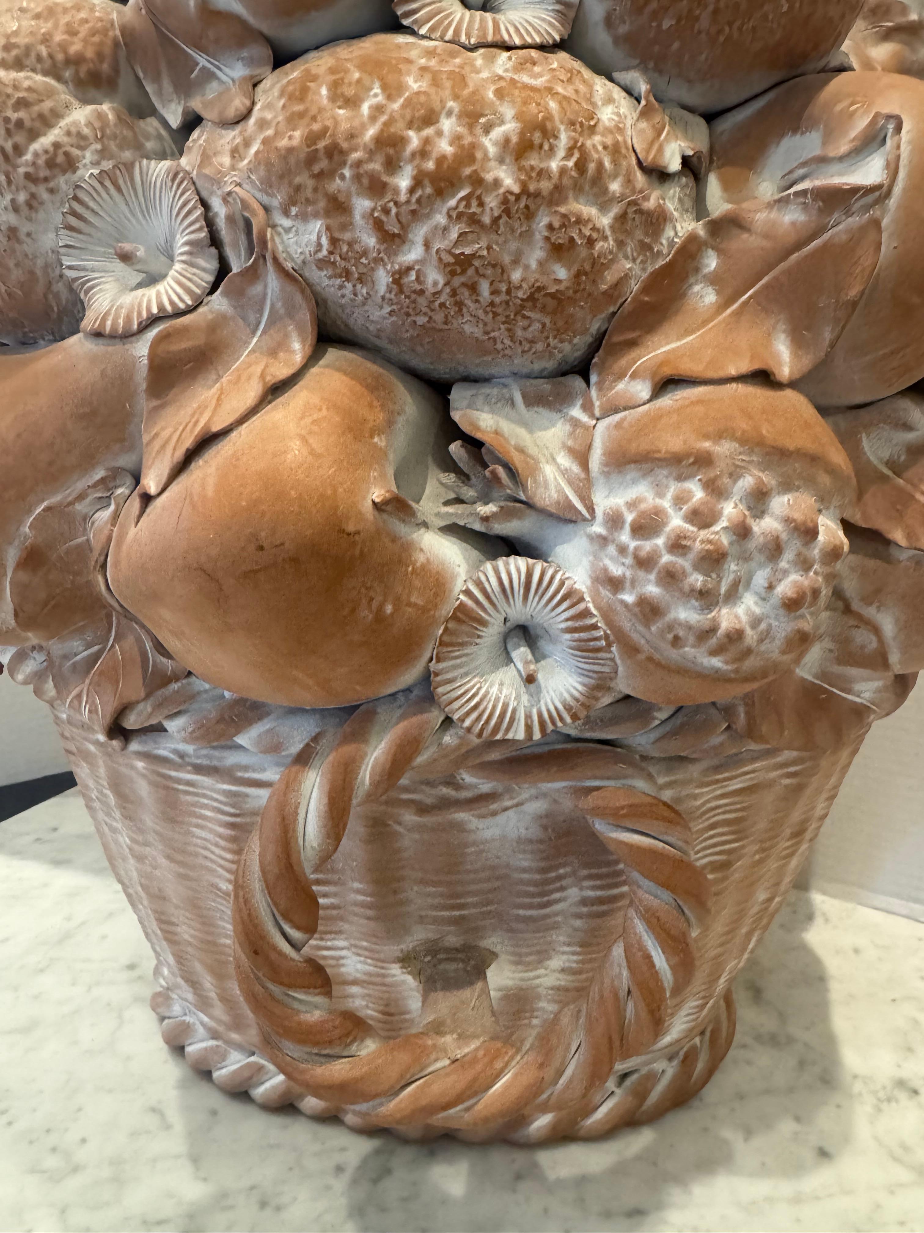 Oversized beautiful Italian pottery topiary.  Various fruits in a woven basket with handles.   Makes a characterful statement.


NF