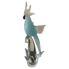 Striking Light Blue Speckled Cockatoo / Bird Art Glass Sculpture by Murano Glass
