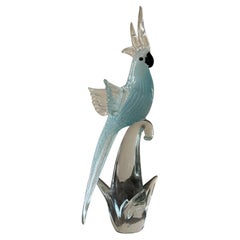 Striking Light Blue Speckled Cockatoo / Bird Art Glass Sculpture by Murano Glass
