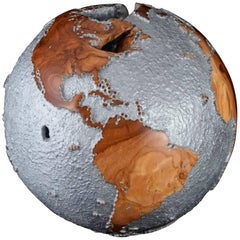 Striking Limited Edition Wooden Globe with Rough Texture Aluminium Finish 25 cm