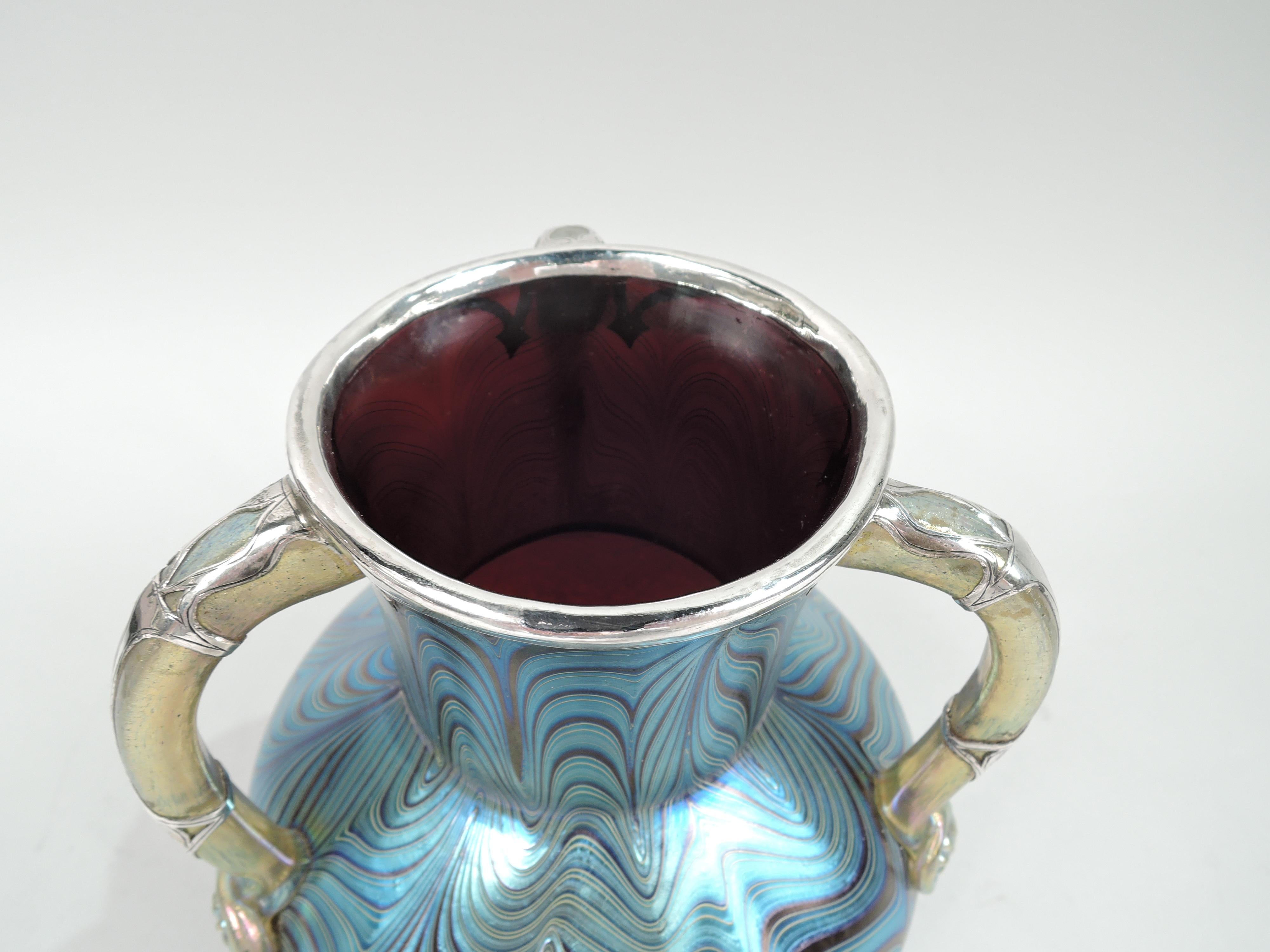 Striking Loetz Art Nouveau Silver Overlay Loving Cup Vase In Excellent Condition In New York, NY