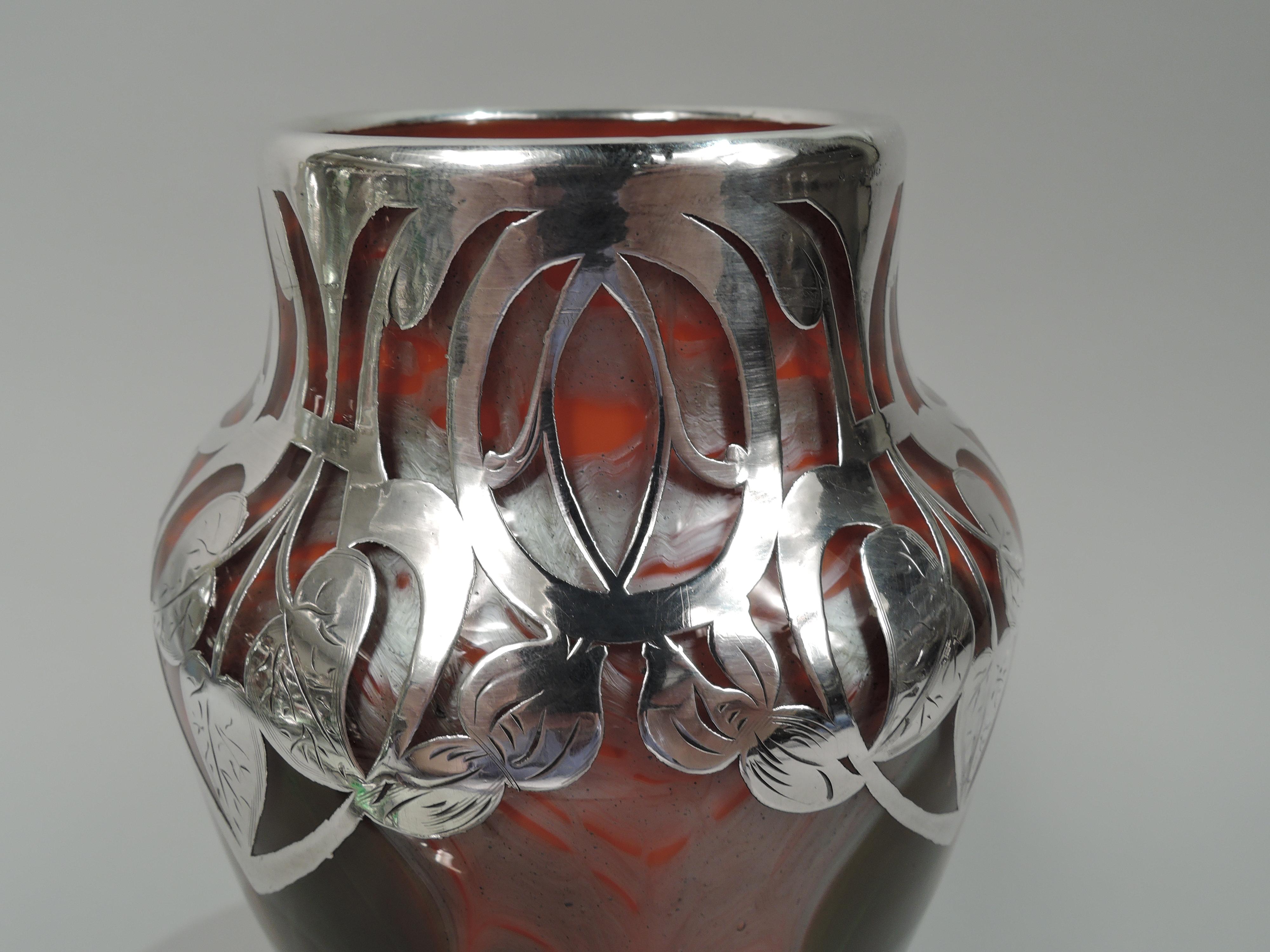 American Striking Loetz Iridescent Vase with Jugendstil Silver Overlay
