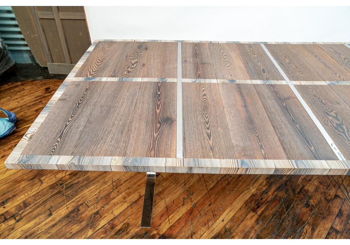 Steel Striking Long Plank Constructed Scrap Wood and Chrome Dining Table For Sale