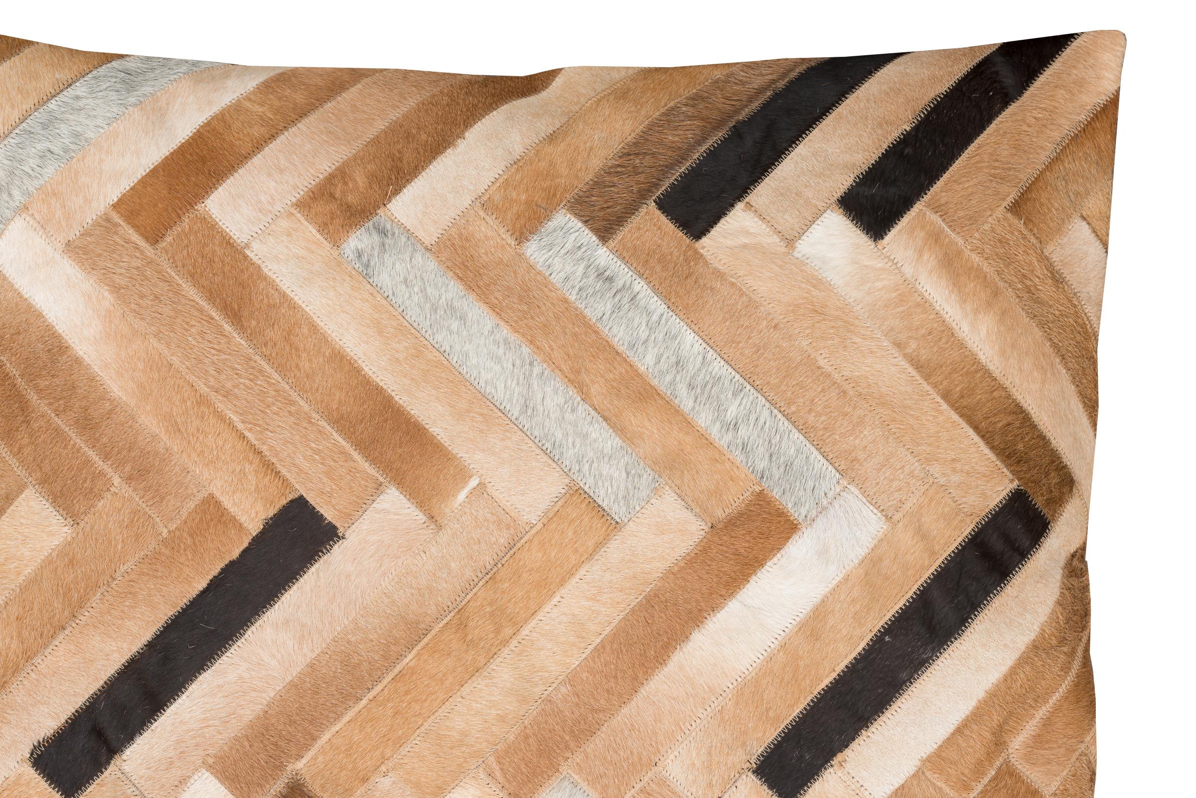 Machine-Made Herringbone brown, white and black De Los Bosques Cowhide Area Floor Rug Small For Sale