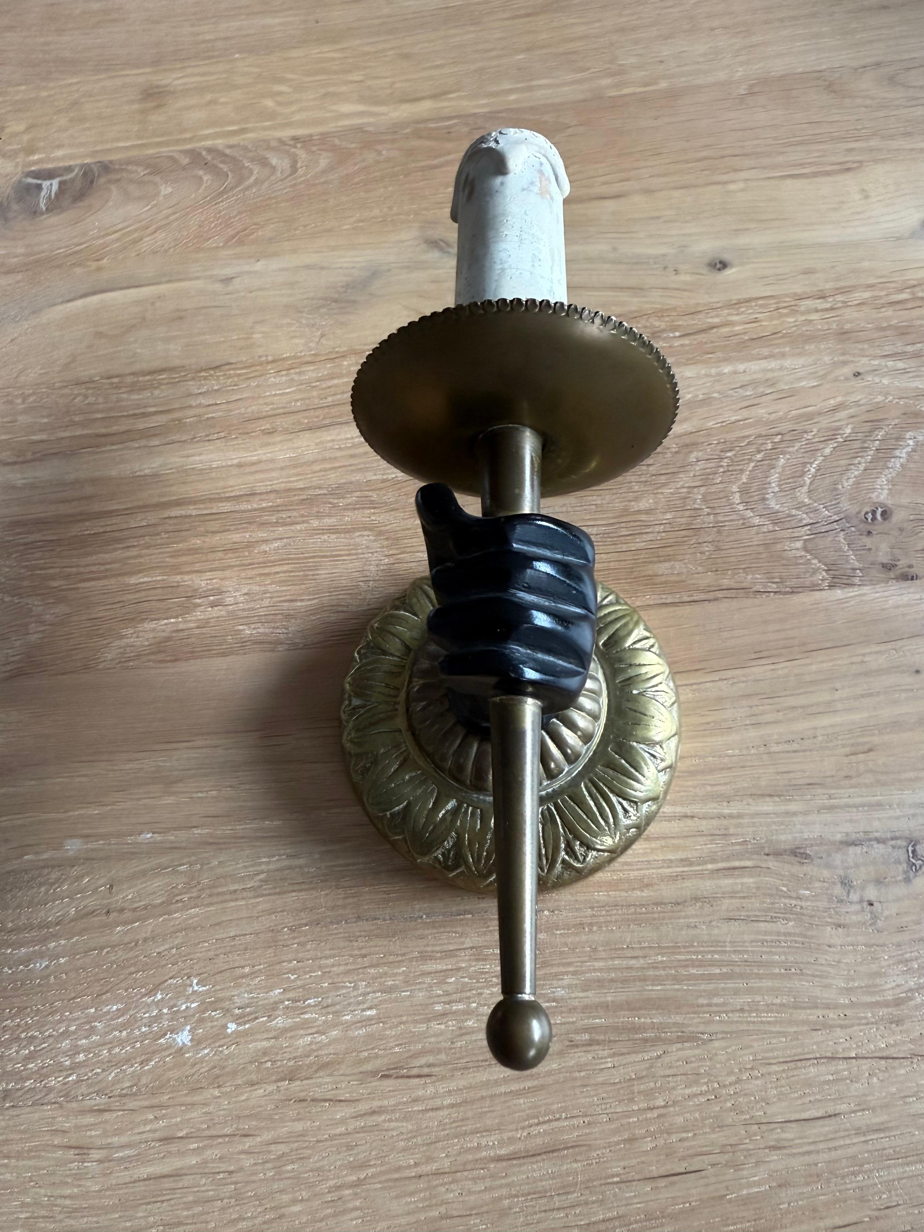 French Striking Maison Baguès Style Bronze Hand Holding Torch Wall Sconce For Sale