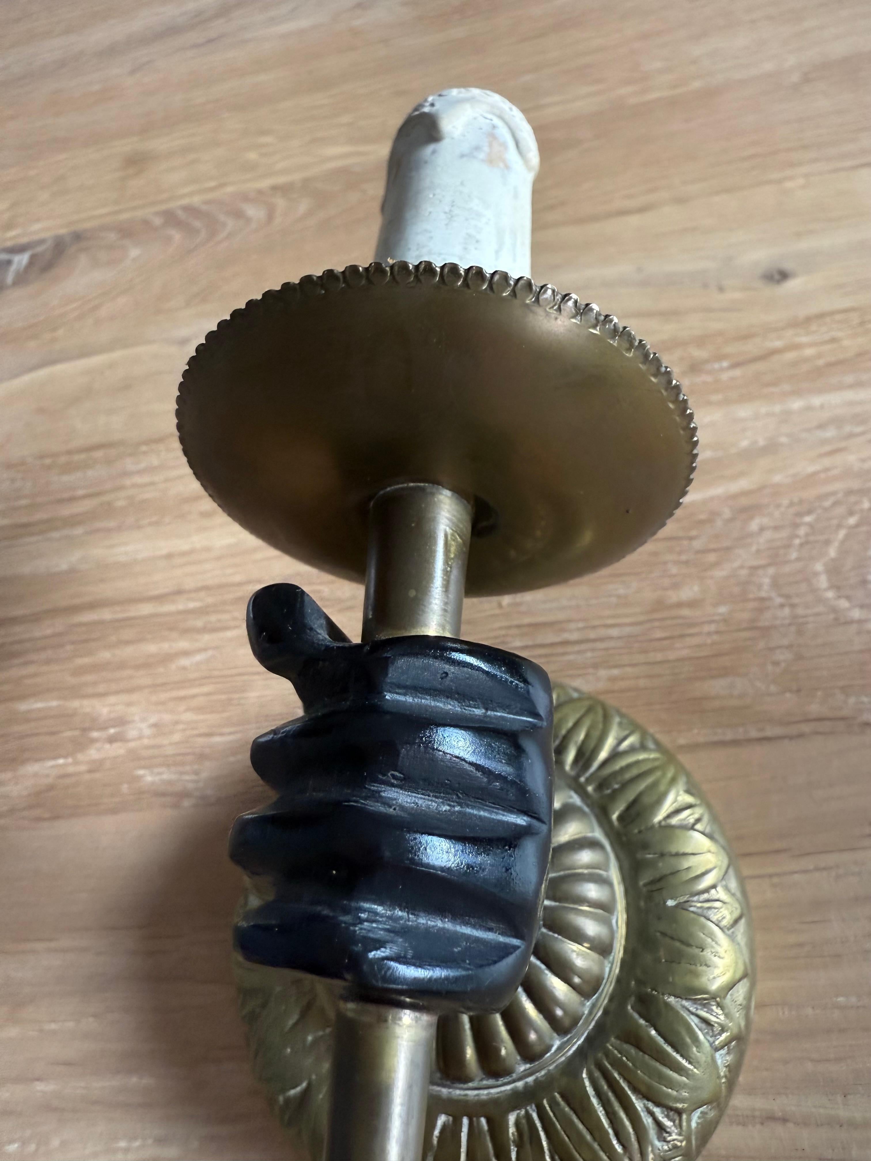 Brass Striking Maison Baguès Style Bronze Hand Holding Torch Wall Sconce For Sale