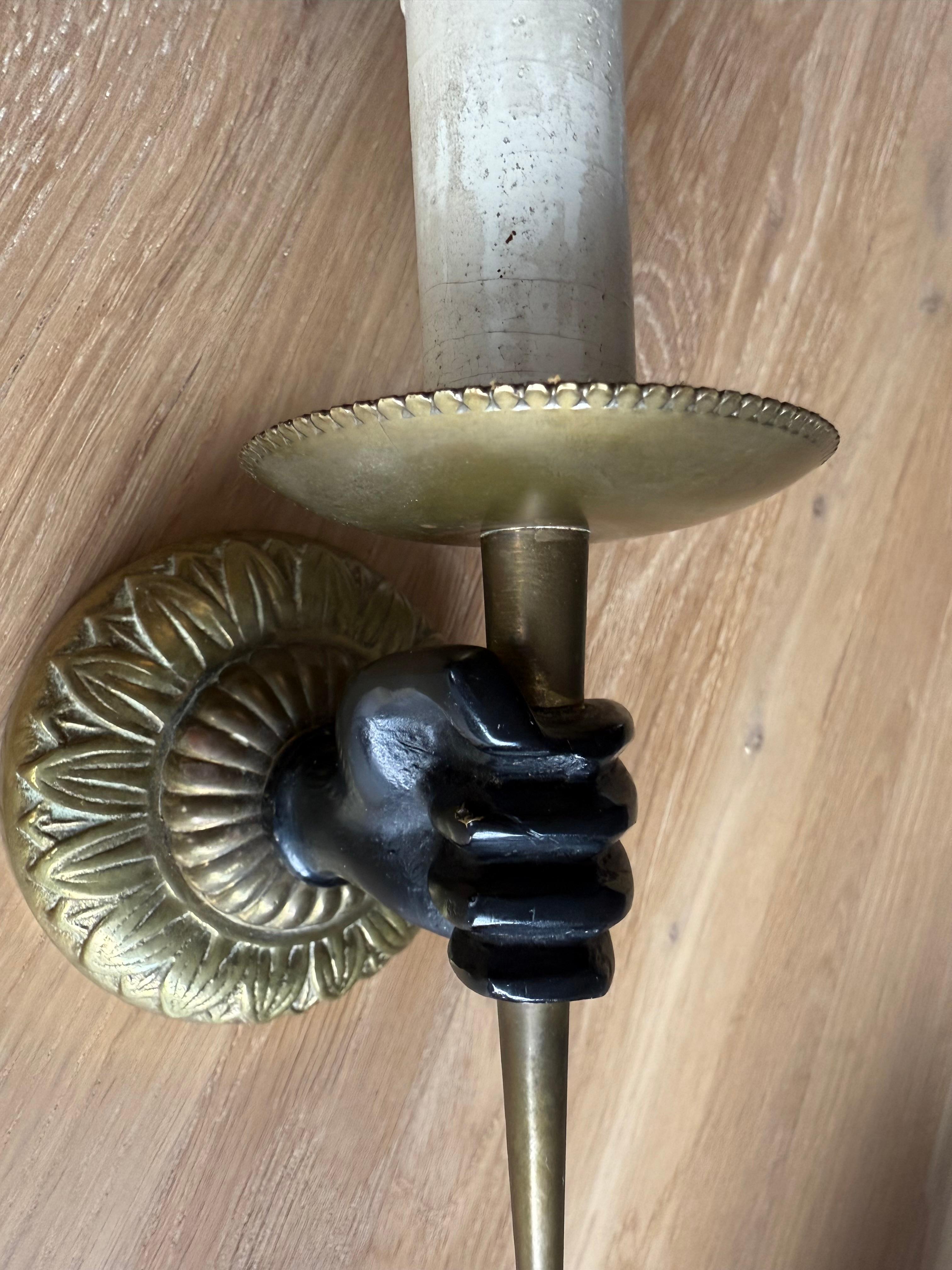 Striking Maison Baguès Style Bronze Hand Holding Torch Wall Sconce For Sale 1