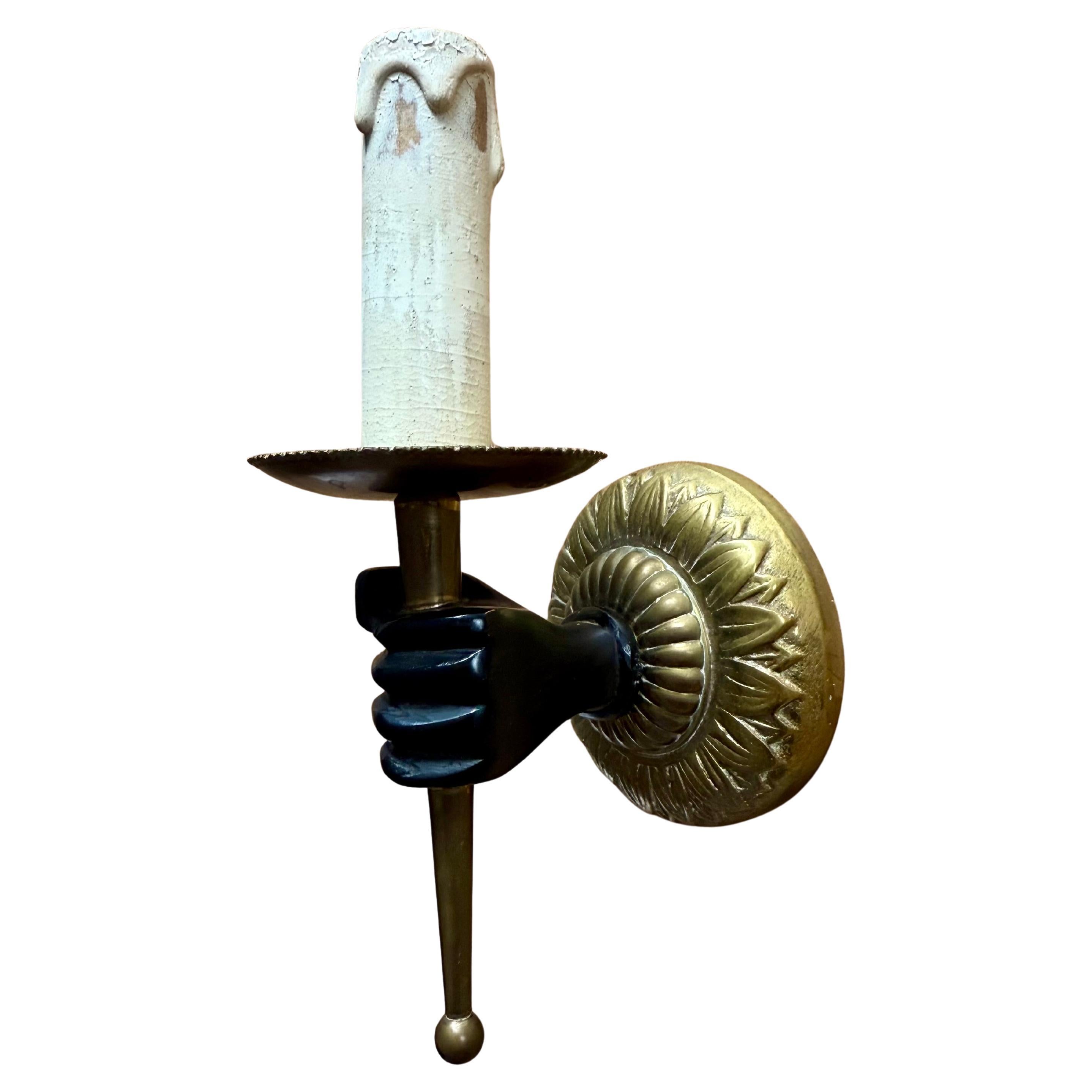 Striking Maison Baguès Style Bronze Hand Holding Torch Wall Sconce For Sale