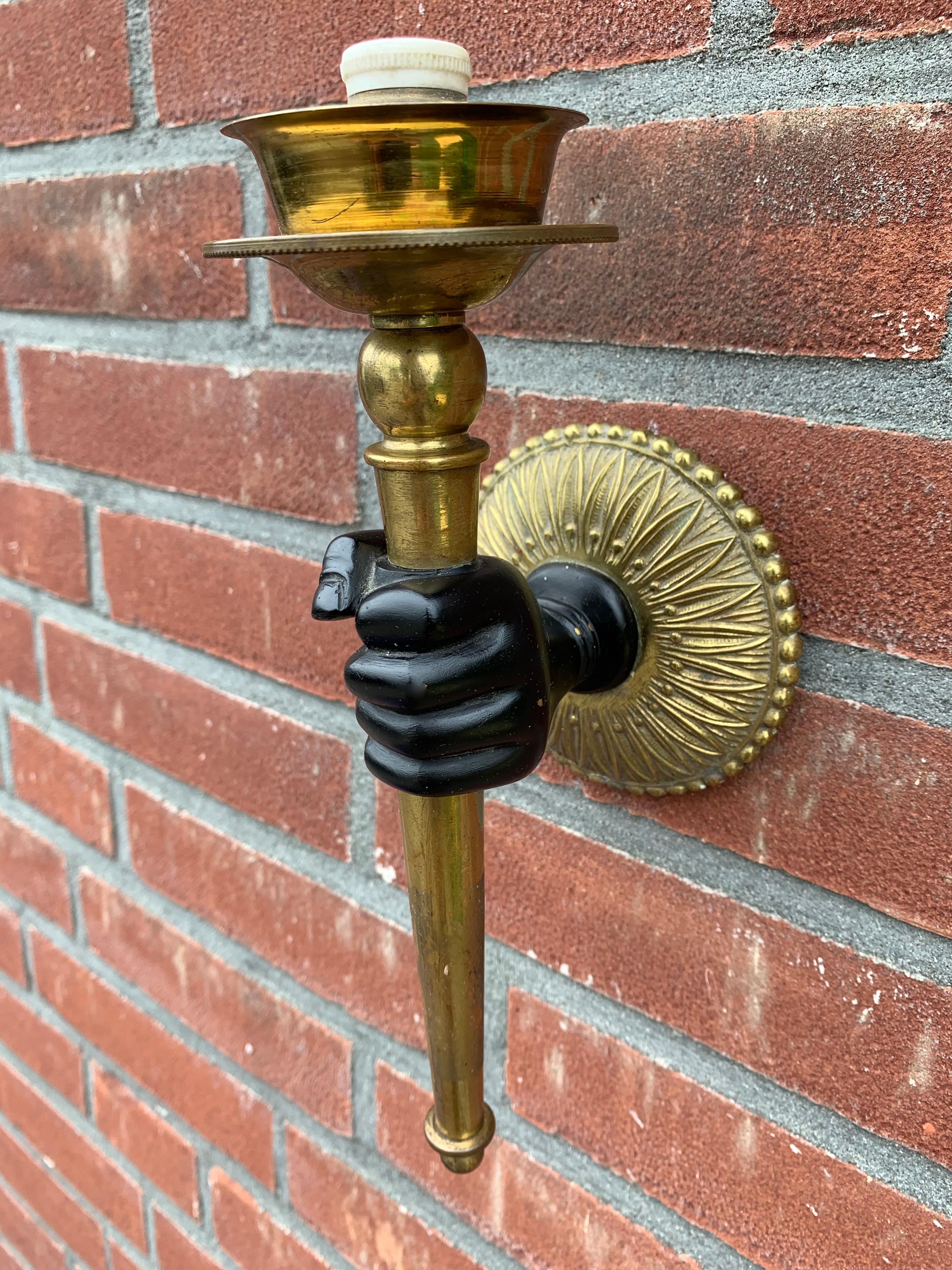 Striking Maison Baguès Style Solid Bronze Hand w. Brass Torch Wall Sconce / Lamp 3