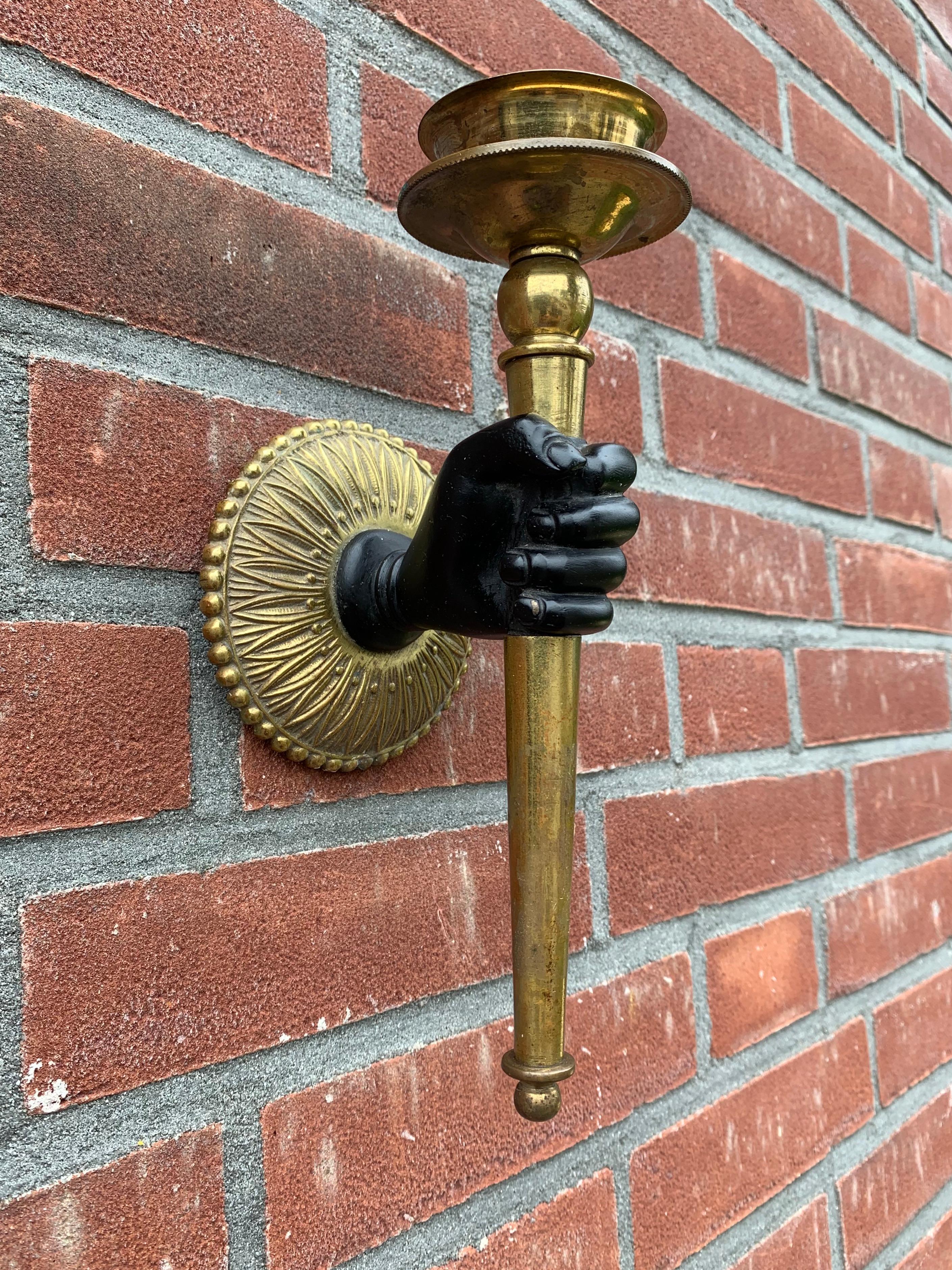Striking Maison Baguès Style Solid Bronze Hand w. Brass Torch Wall Sconce / Lamp 5