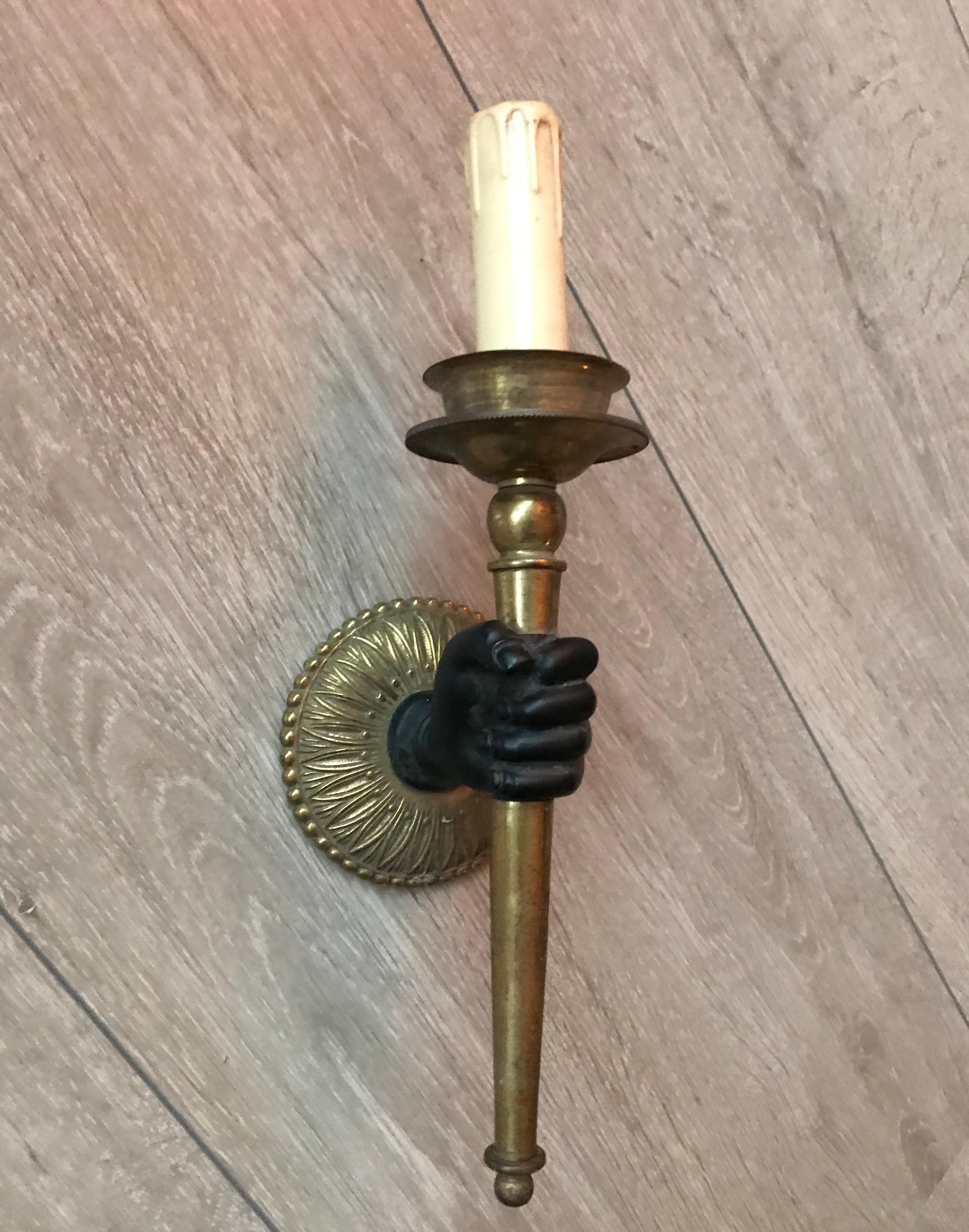 Striking Maison Baguès Style Solid Bronze Hand w. Brass Torch Wall Sconce / Lamp 12