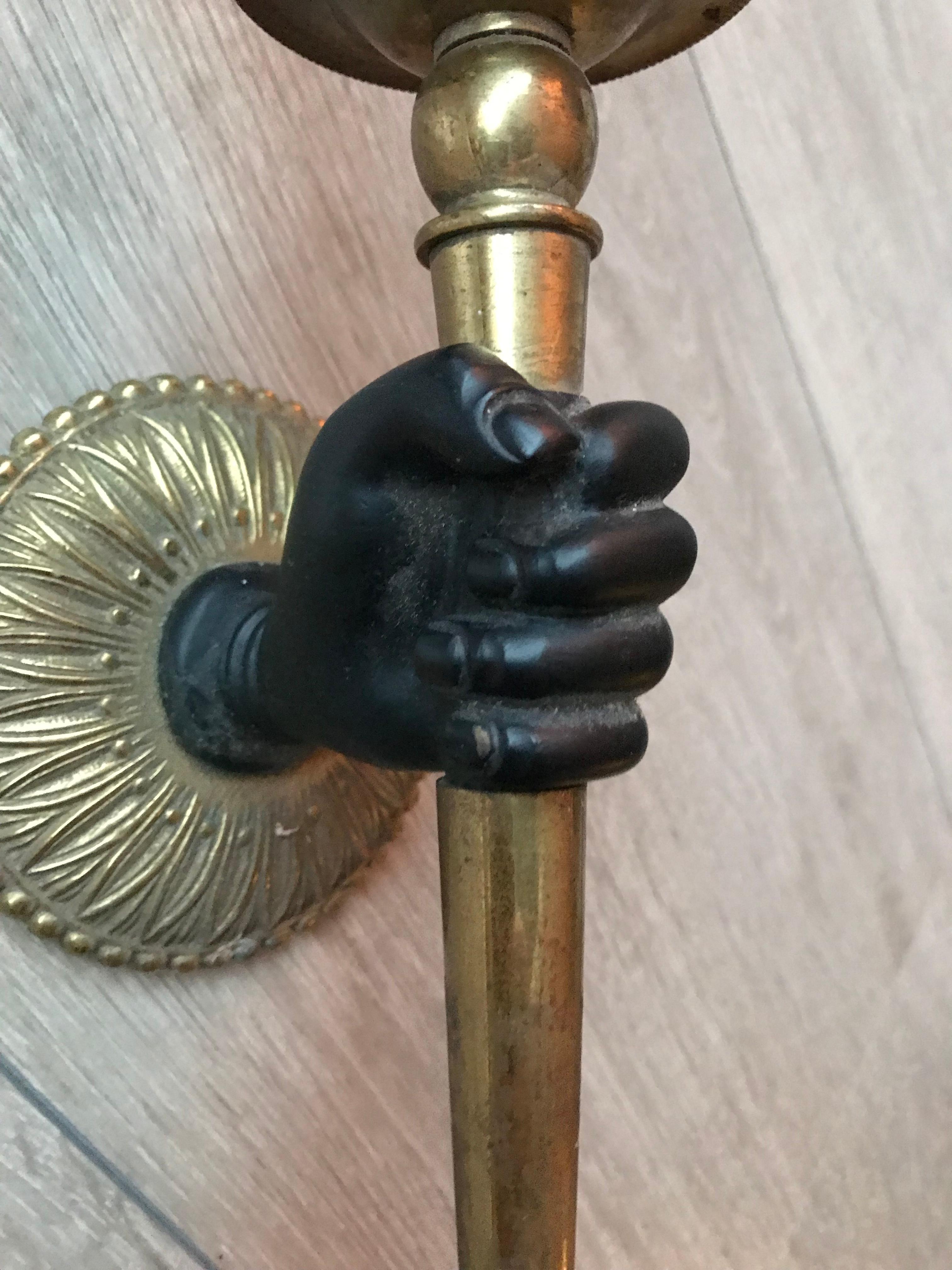Striking Maison Baguès Style Solid Bronze Hand w. Brass Torch Wall Sconce / Lamp 9