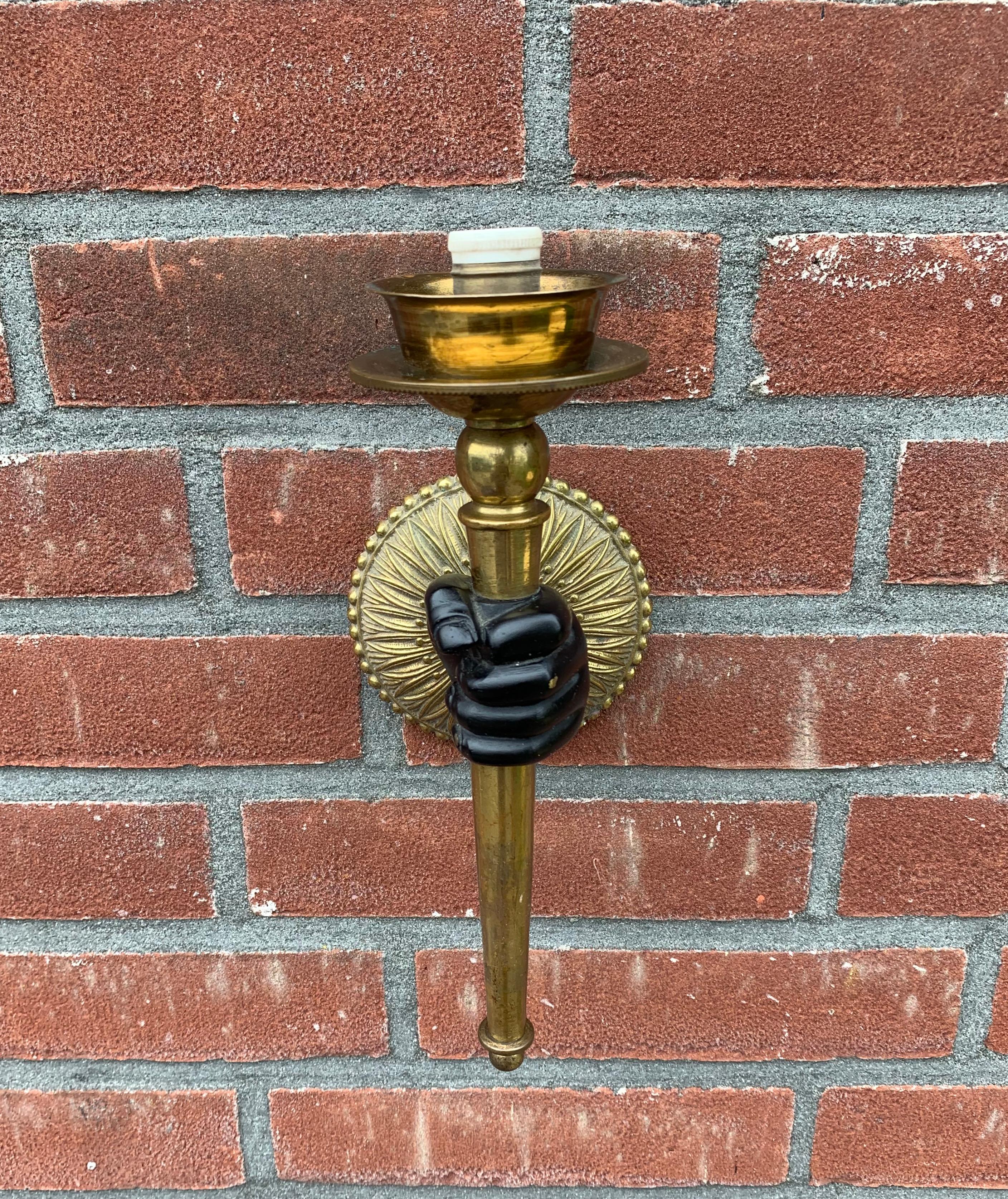 French Striking Maison Baguès Style Solid Bronze Hand w. Brass Torch Wall Sconce / Lamp