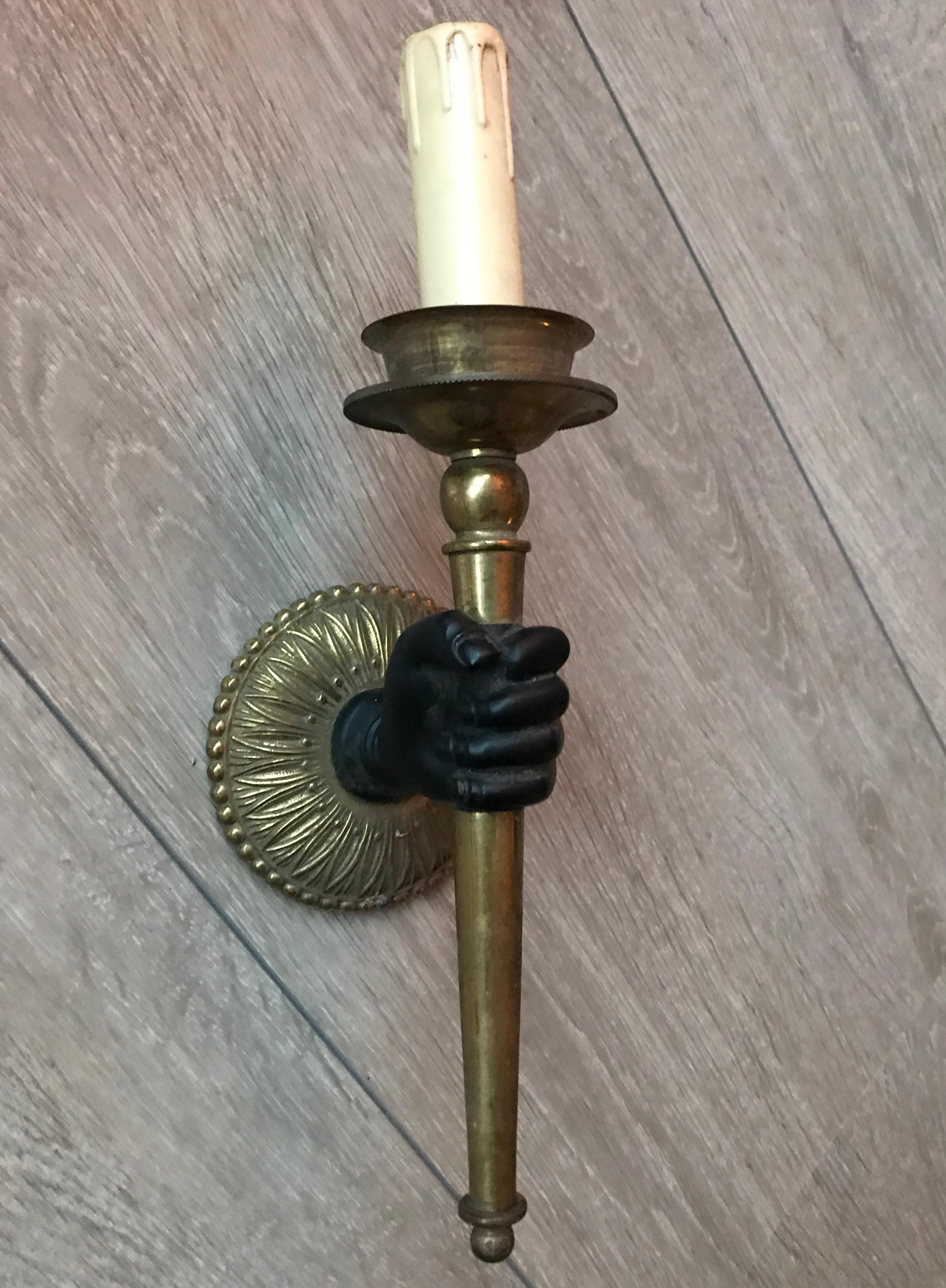 20th Century Striking Maison Baguès Style Solid Bronze Hand w. Brass Torch Wall Sconce / Lamp