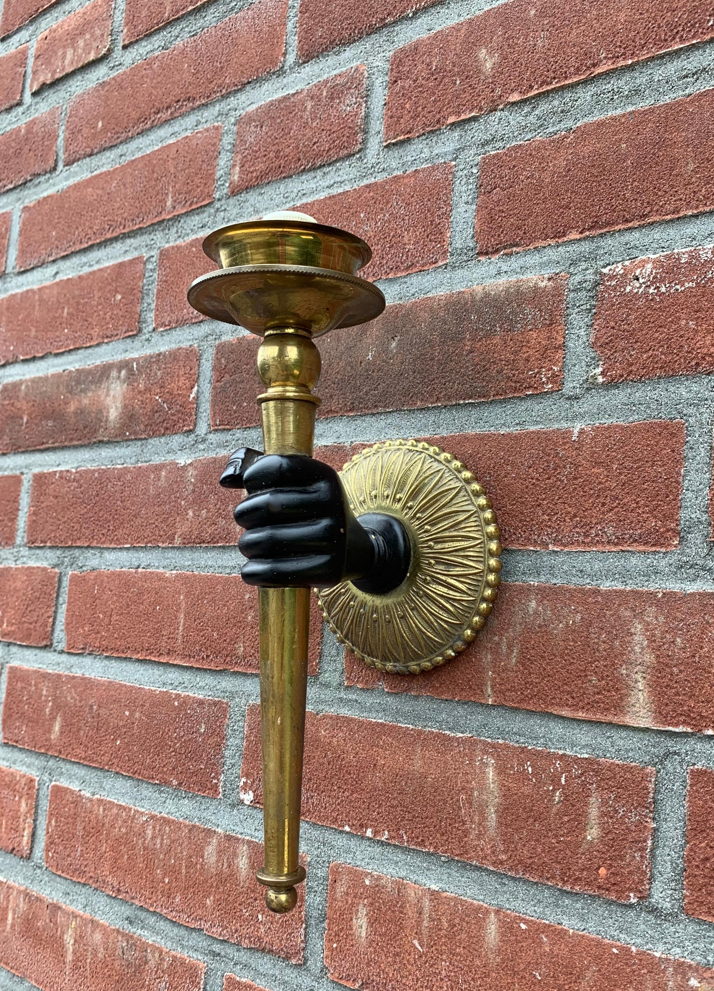 Striking Maison Baguès Style Solid Bronze Hand w. Brass Torch Wall Sconce / Lamp 2
