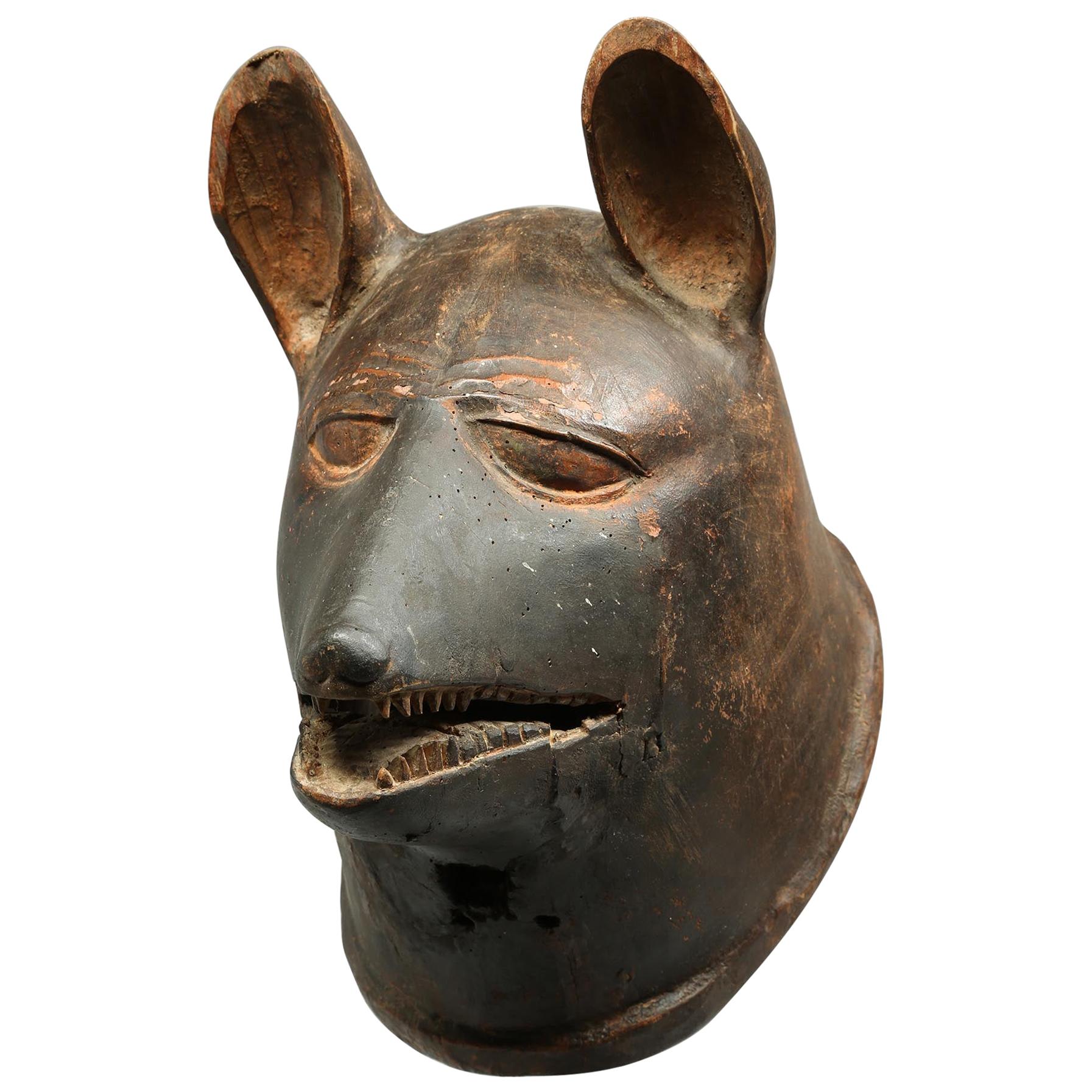 Straordinaria maschera a casco Makonde, cane o iena, Tanzania, inizi del XX secolo.