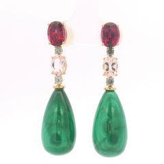 Superbes boucles d'oreilles pendantes en or jaune 14 carats, ornées de malachite, de grenat, de morganite et de diamants