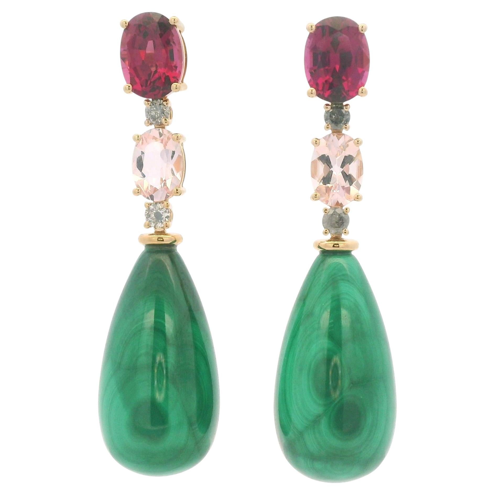 Contemporary 14K Yellow Gold Malachite Garnet Morganite Drop Earrings