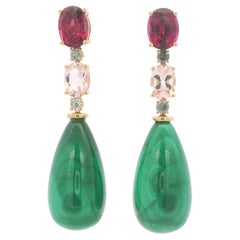 Superbes boucles d'oreilles pendantes en or jaune 14 carats, ornées de malachite, de grenat, de morganite et de diamants