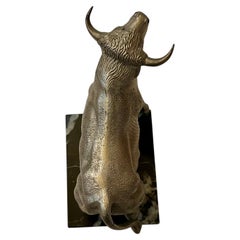 Striking Mid-Century Cast Pewter over Marble Base Bull Sculpture